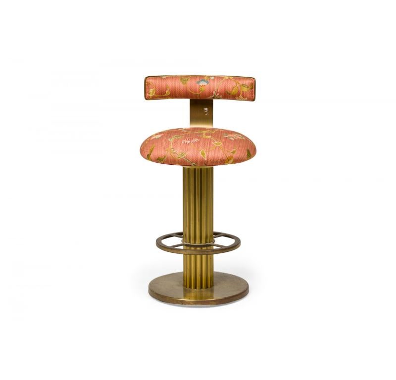 Pair of Designs for Leisure Fluted Column Floral Upholstered Swivel Bar Stools