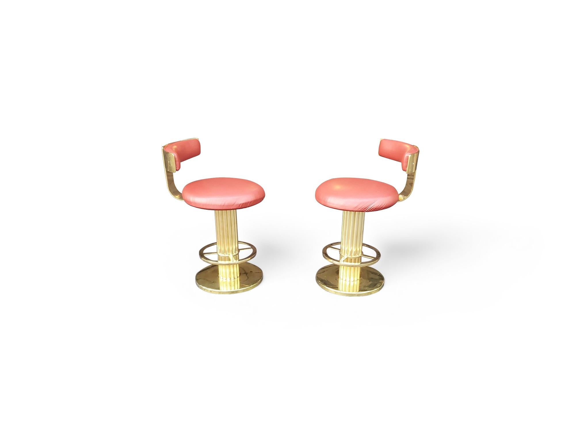 Pair of Designs for Leisure Fluted Column Leather Upholstered Swivel Bar Stools For Sale 3