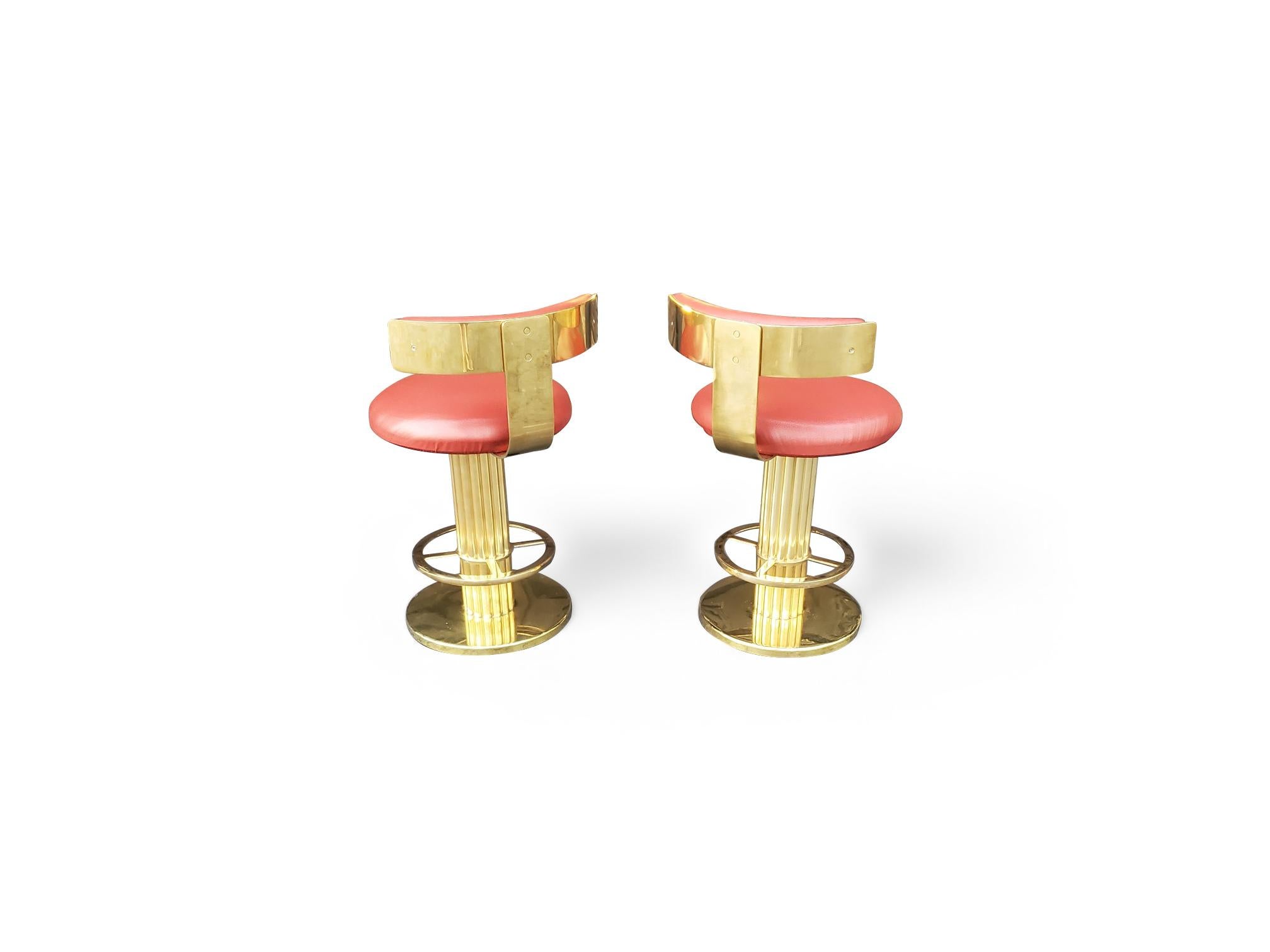 Pair of Designs for Leisure Fluted Column Leather Upholstered Swivel Bar Stools For Sale 4