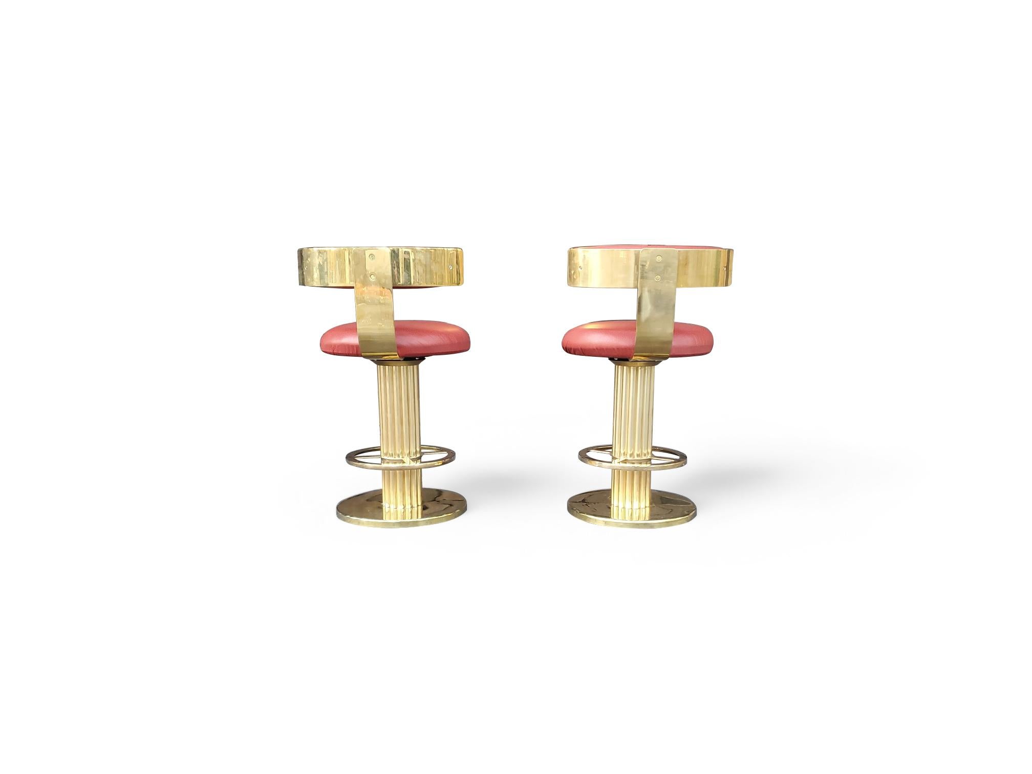 Pair of Designs for Leisure Fluted Column Leather Upholstered Swivel Bar Stools For Sale 5