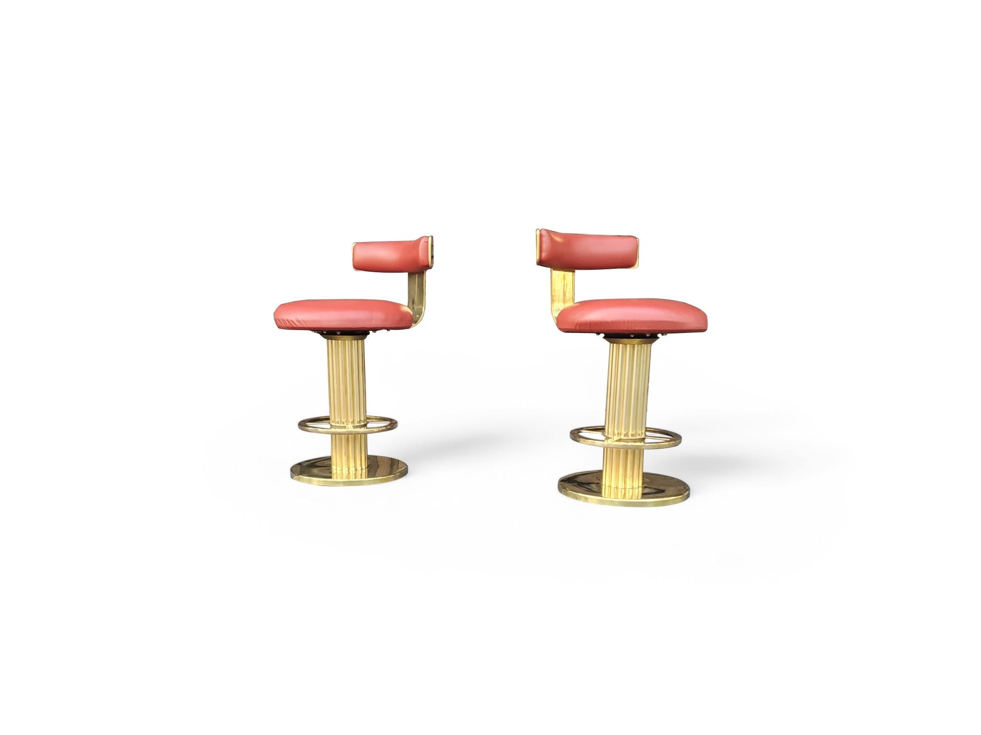 Pair of Designs for Leisure Fluted Column Leather Upholstered Swivel Bar Stools 