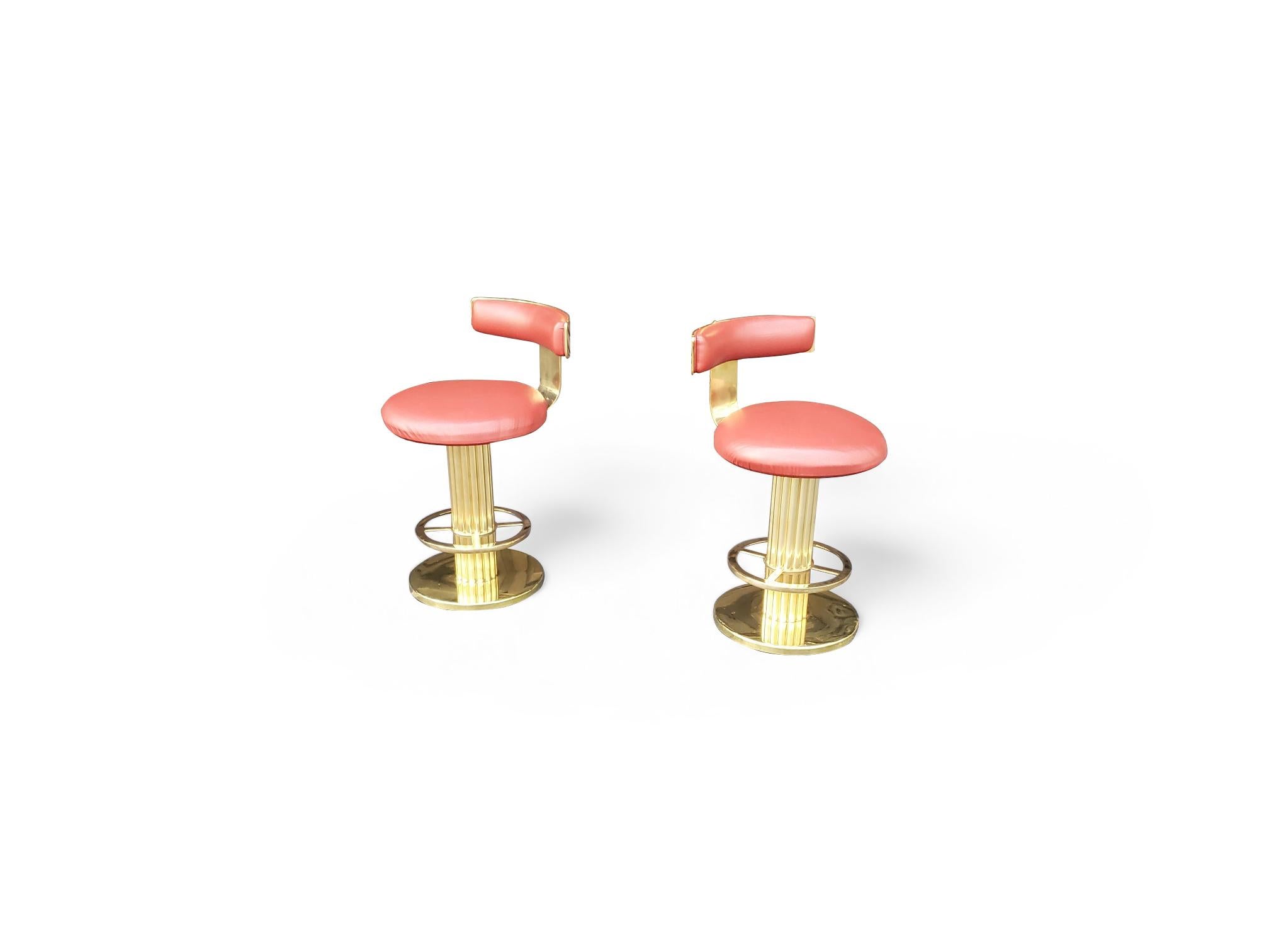 Mid-Century Modern Pair of Designs for Leisure Fluted Column Leather Upholstered Swivel Bar Stools For Sale
