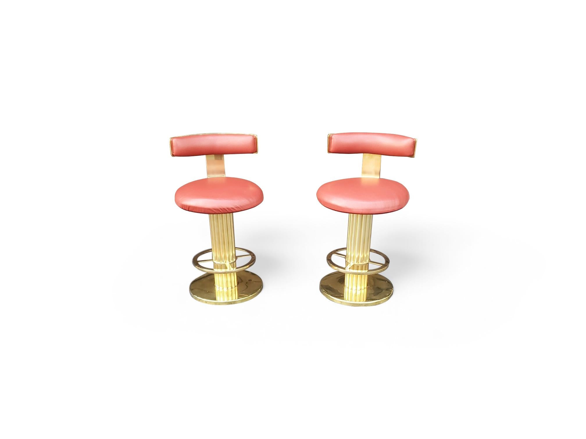 Pair of Designs for Leisure Fluted Column Leather Upholstered Swivel Bar Stools For Sale 1