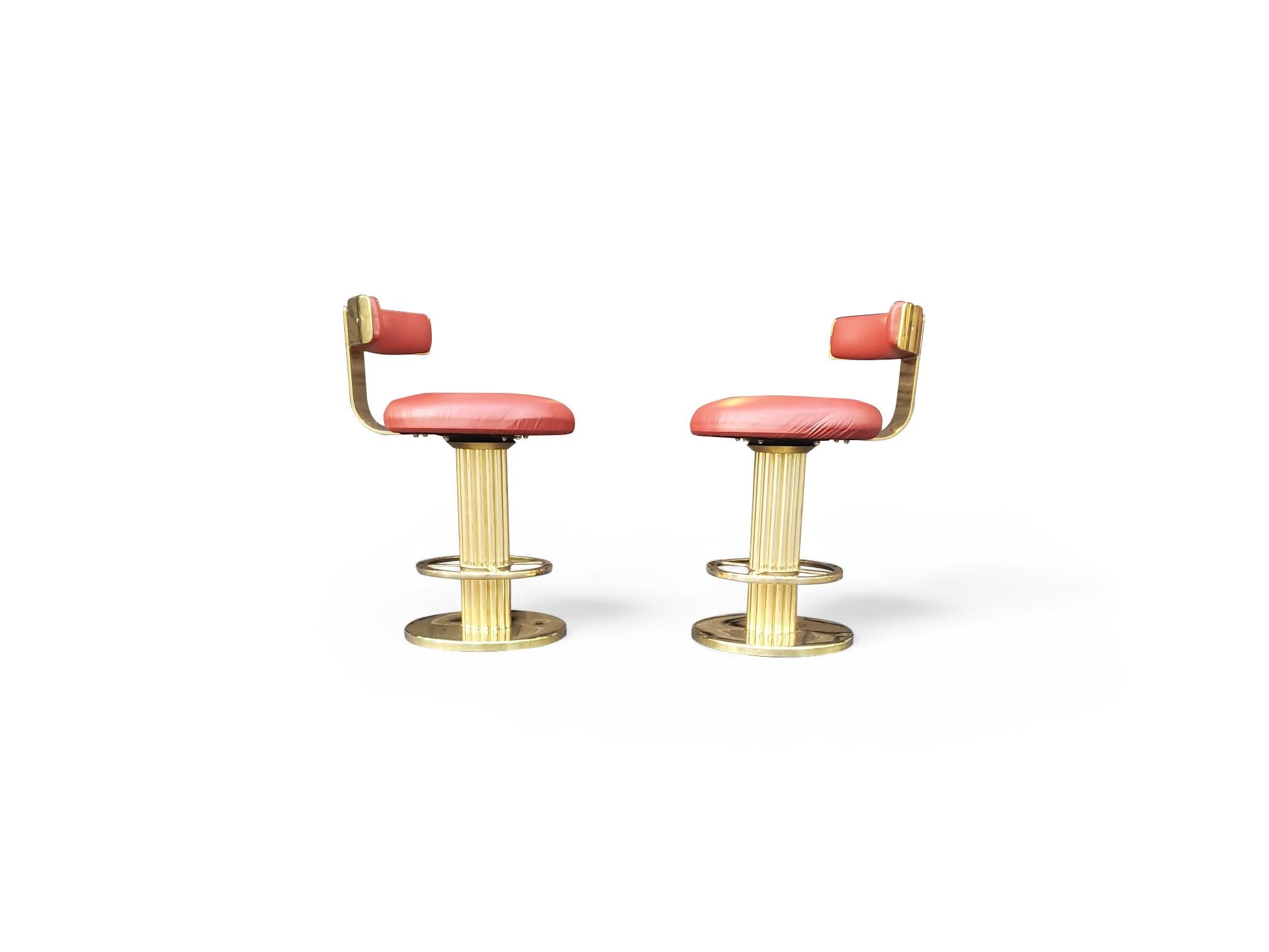 Pair of Designs for Leisure Fluted Column Leather Upholstered Swivel Bar Stools For Sale 2