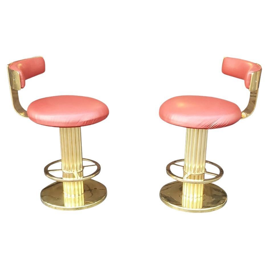 Pair of Designs for Leisure Fluted Column Leather Upholstered Swivel Bar Stools