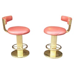 Pair of Designs for Leisure Fluted Column Leather Upholstered Swivel Bar Stools