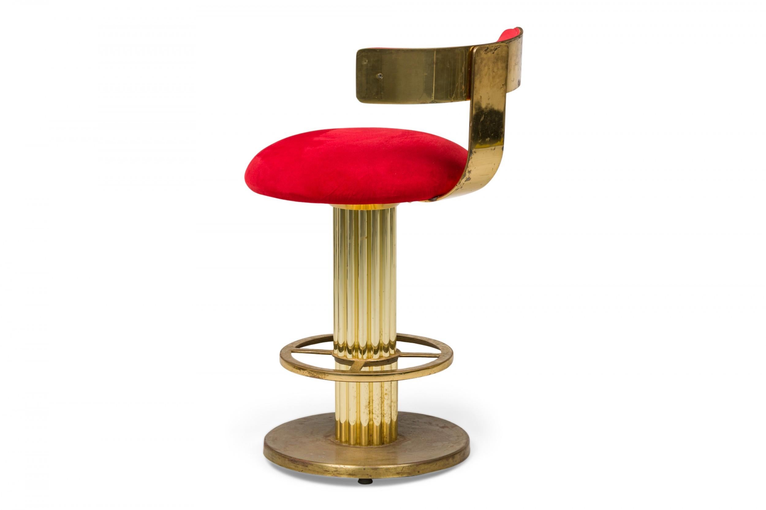 Hand-Crafted Pair of Designs for Leisure Fluted Column Red Upholstered Swivel Bar Stools For Sale