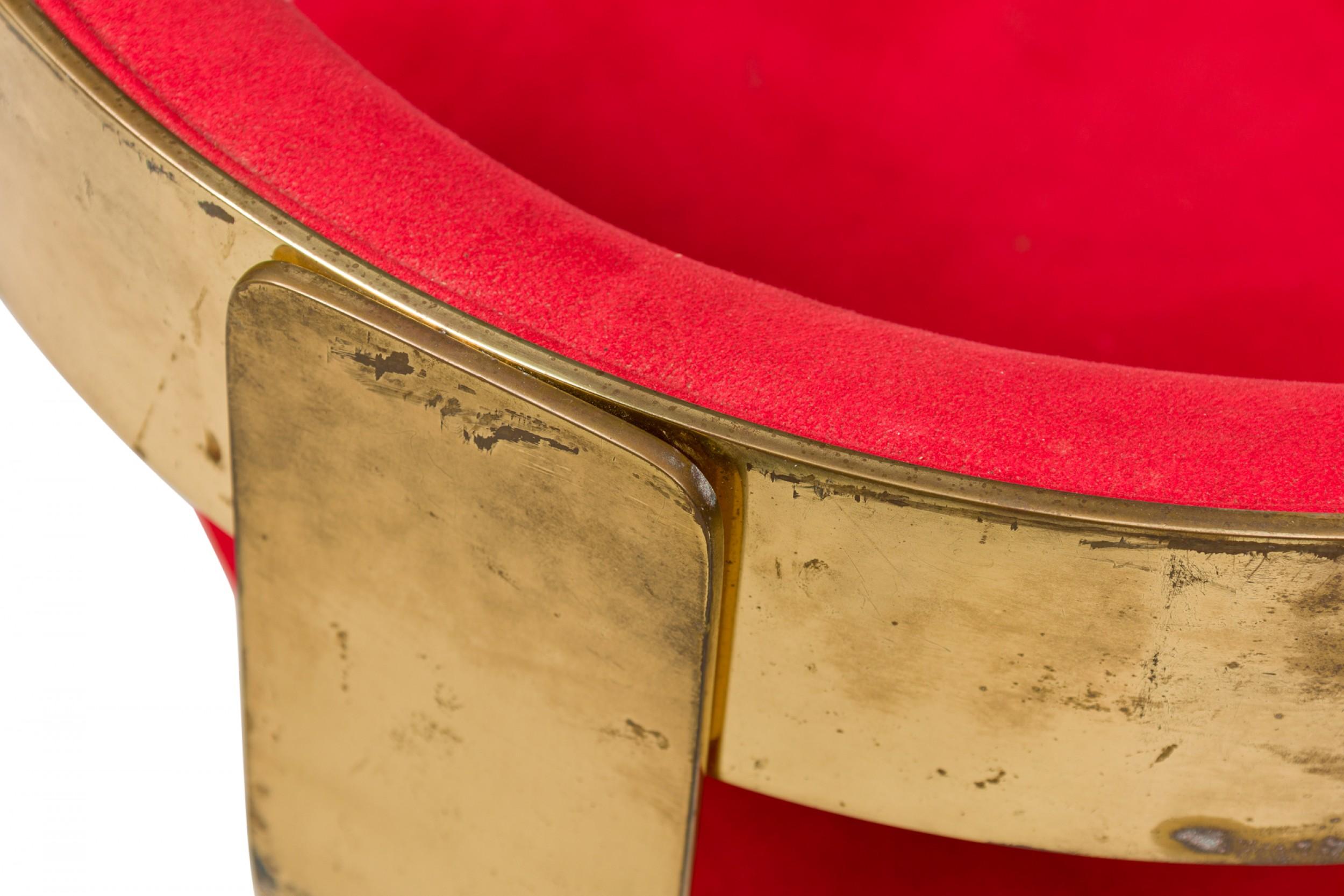 Brass Pair of Designs for Leisure Fluted Column Red Upholstered Swivel Bar Stools For Sale