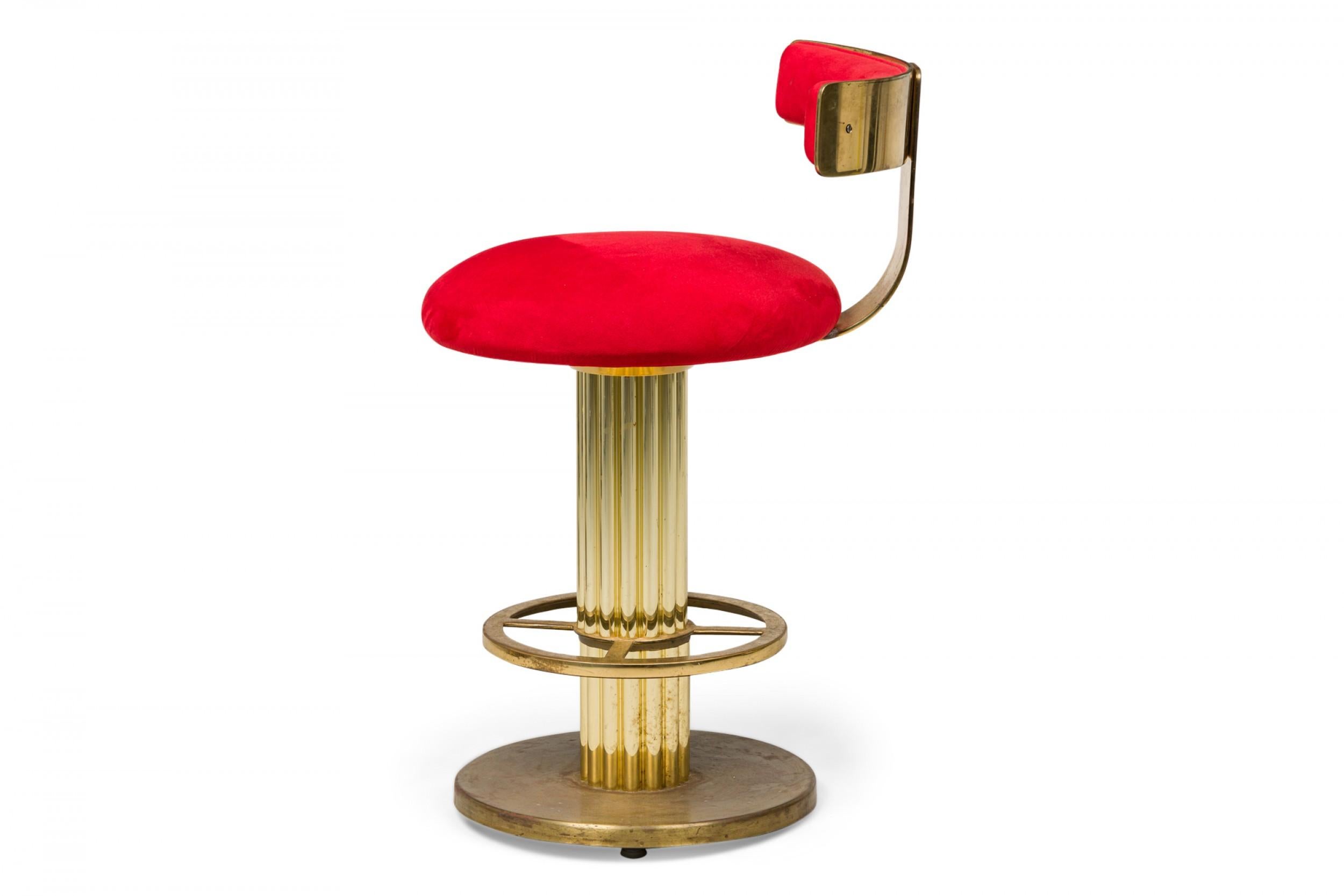 American Pair of Designs for Leisure Fluted Column Red Upholstered Swivel Bar Stools For Sale