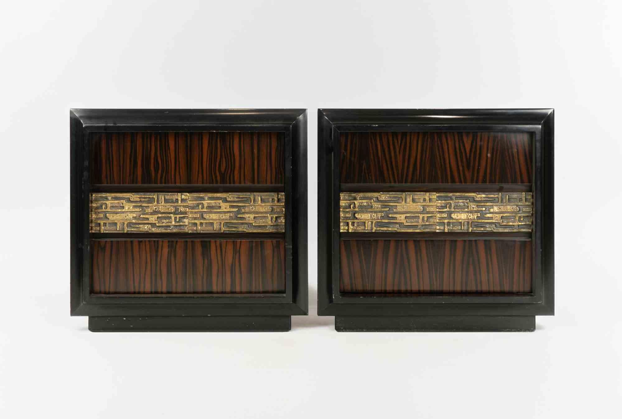 Pair of Desireè bedside tables realized by Luciano Frigerio for Frigerio di Desio in 1970s.

Macassar ebony wood and chiseled bronze casting inserts.

Ref. Domus n. 508, March 1972.
 