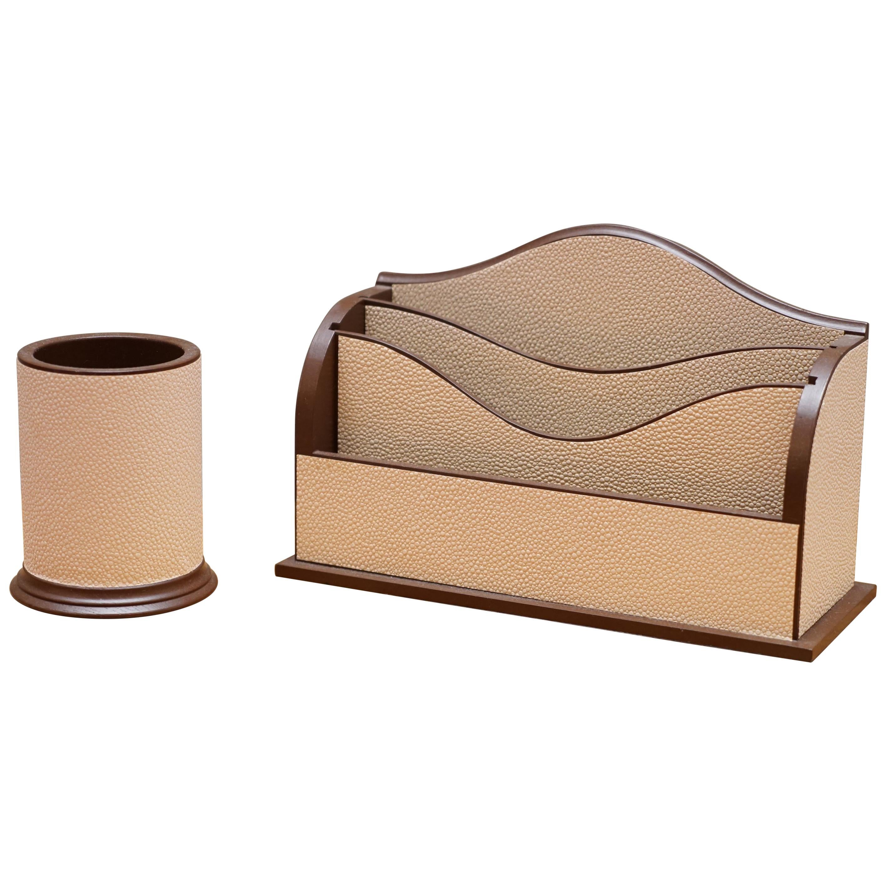 Pair of Desk Accessories Faux Shagreen Sharkor Ray Skin Pen Pot & Desk Tidy For Sale