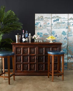 Pair of Dessin Fournir Leather Mahogany Bar Stools