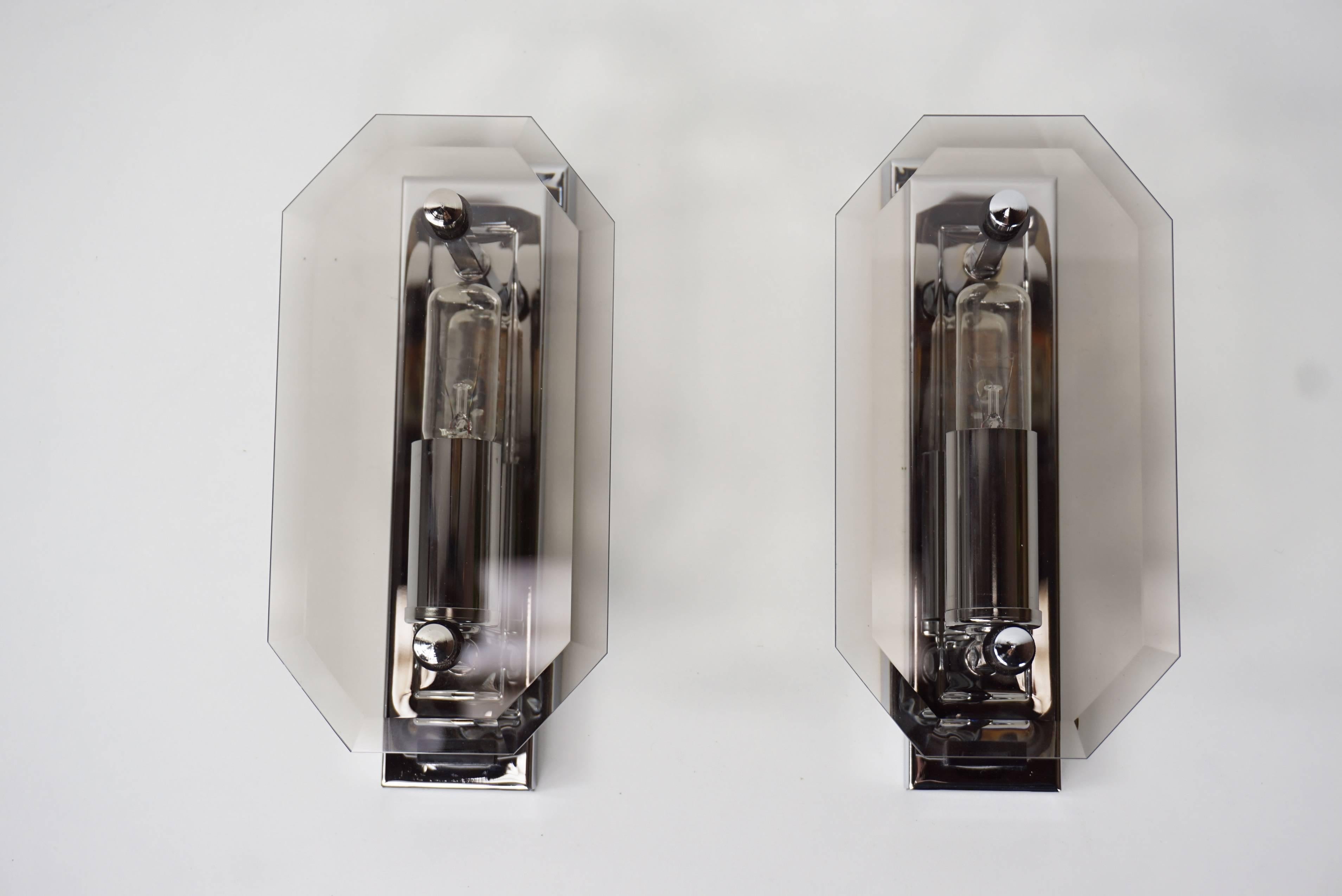 Pair of Space Age design chrome and smoked glass sconces made in RFA (West Germany) at the manner of Veca.