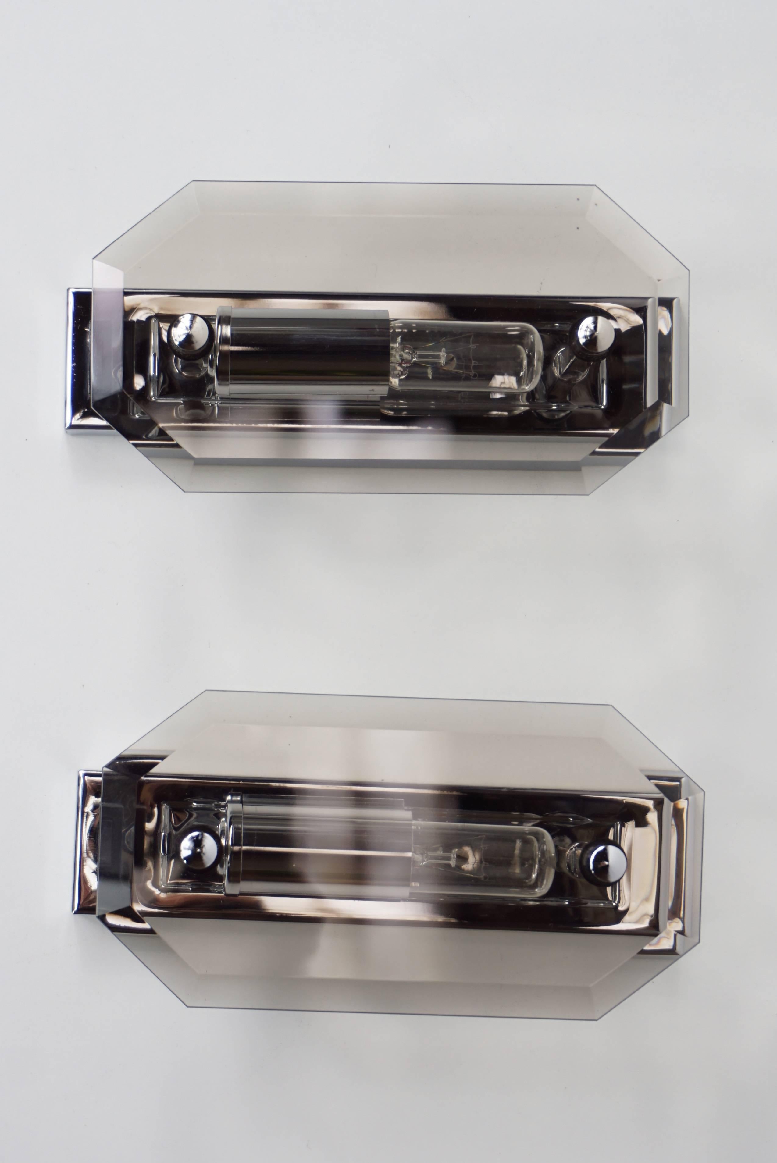 Space Age Pair of Deutch Design Chrome and Bevelled Glass Wall Sconces