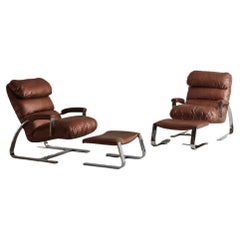 Pair of Dia Lounge Chairs with Ottoman in Robert Allen Leather, 20th Century