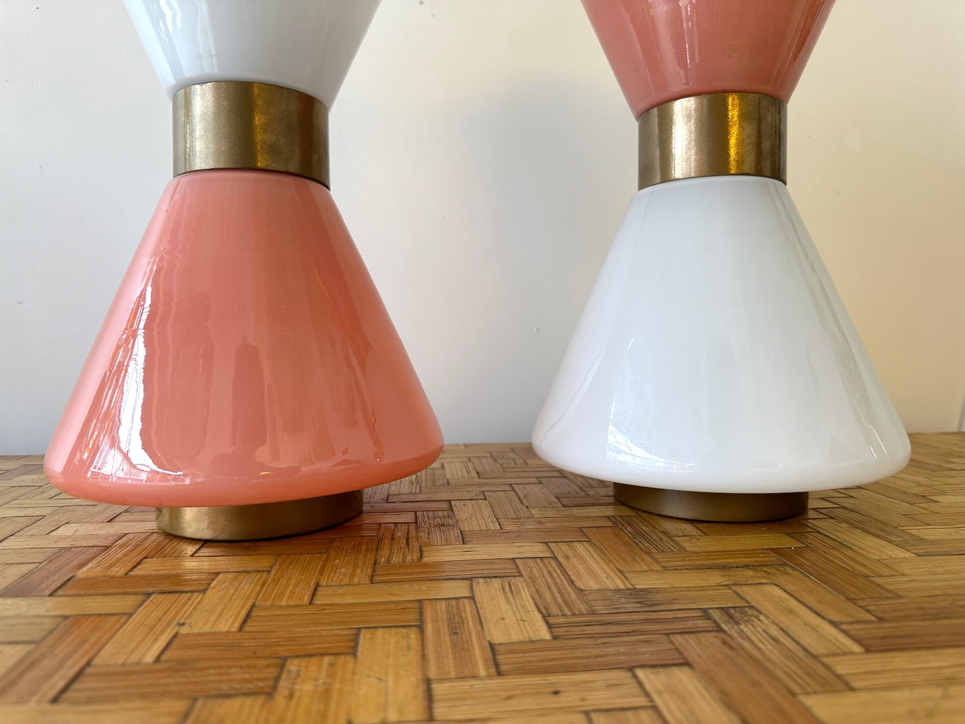 Pair of Diabolo Lamps Pink and White Murano Glass. Italy For Sale 2
