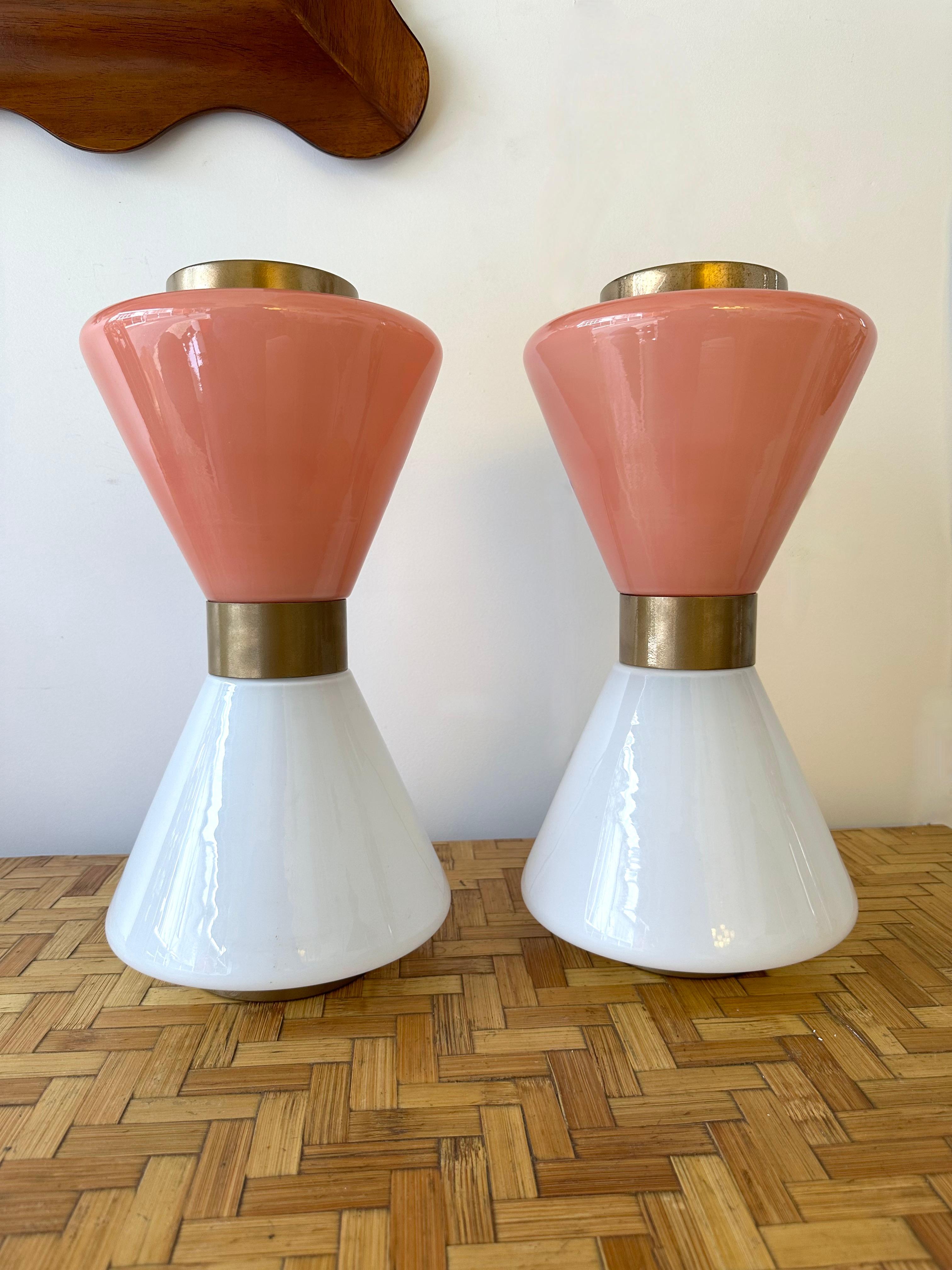 Pair of Diabolo Lamps Pink and White Murano Glass. Italy For Sale 3