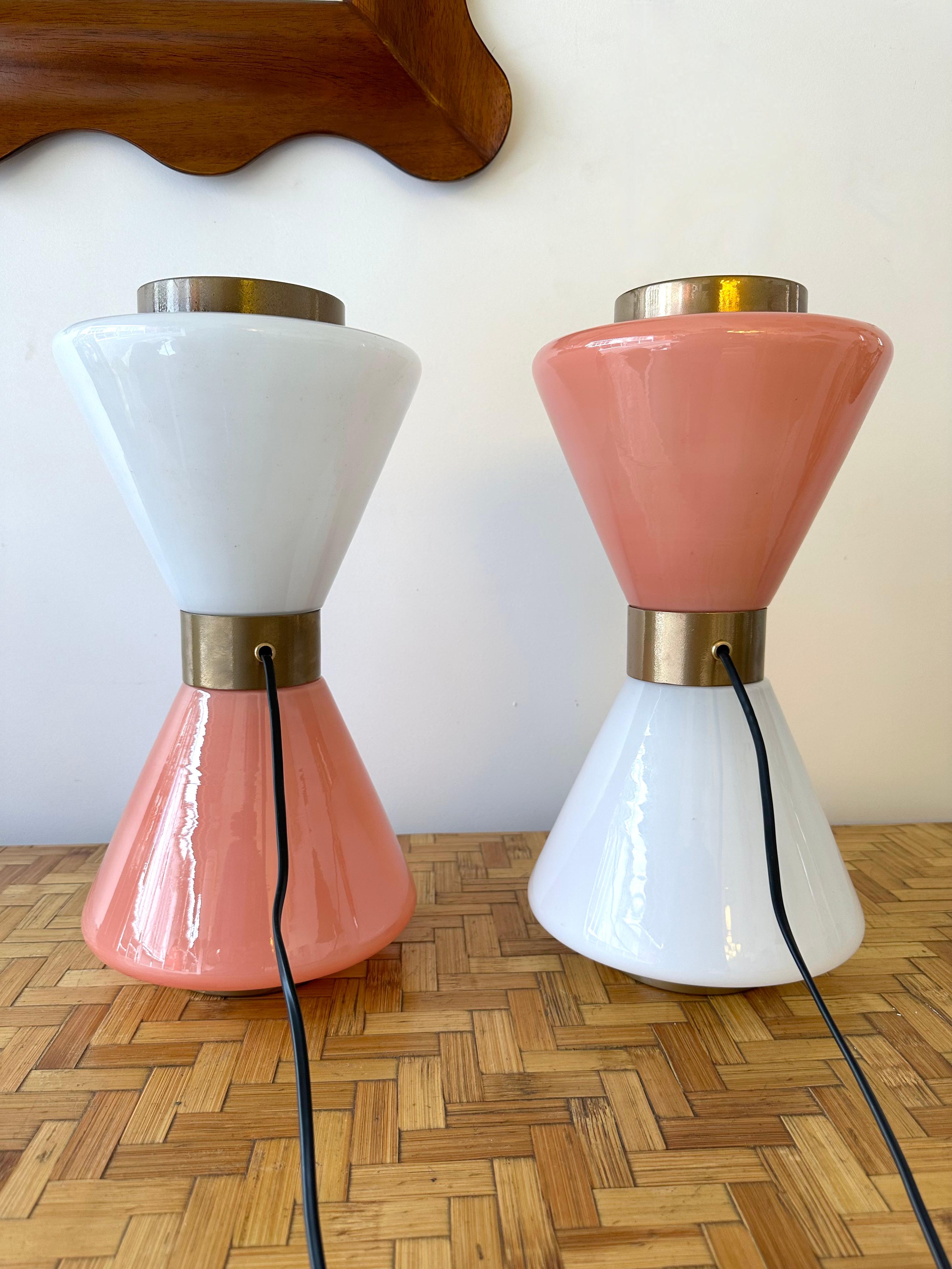 Pair of Diabolo Lamps Pink and White Murano Glass. Italy For Sale 5
