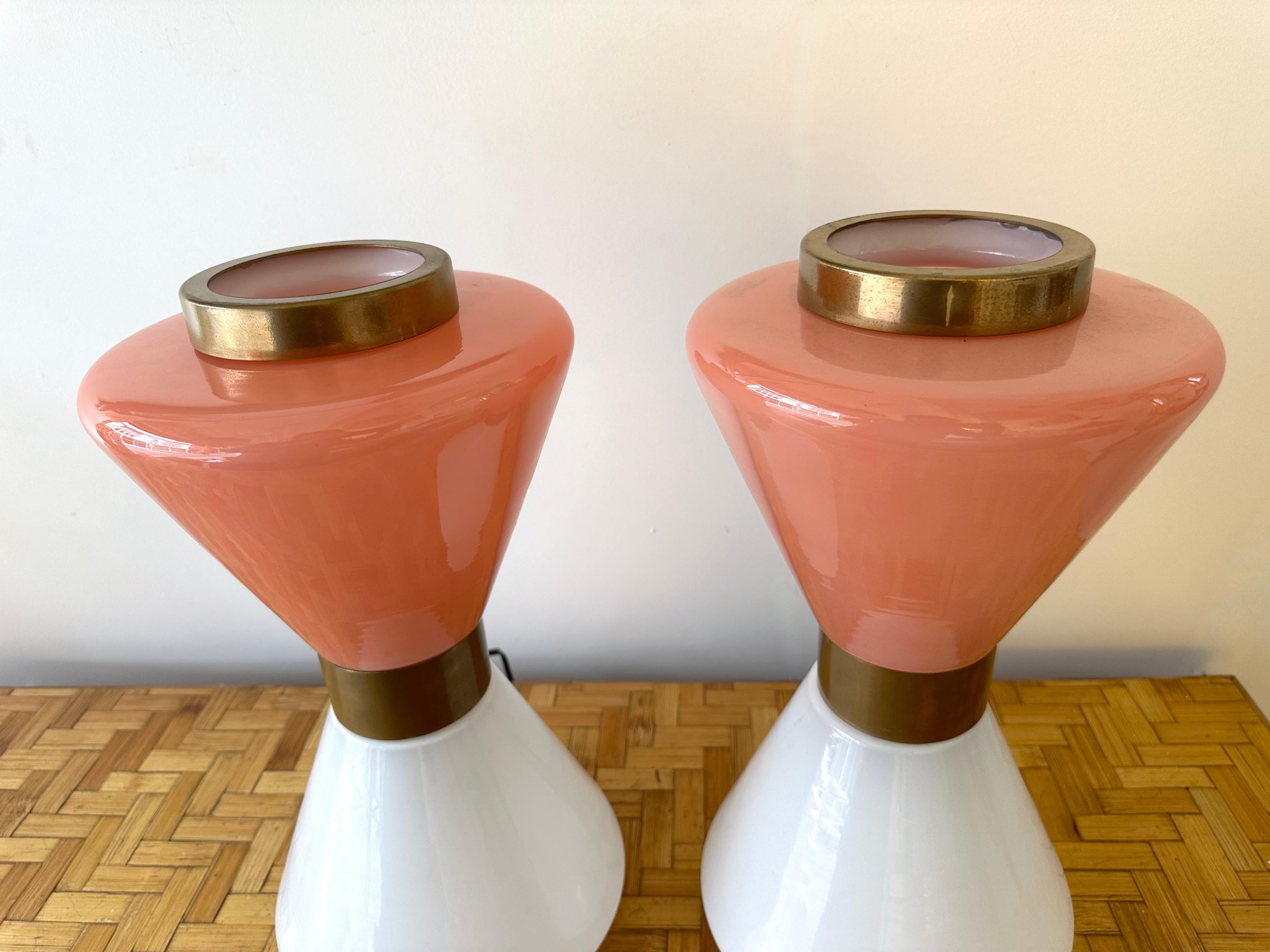 Pair of Diabolo Lamps Pink and White Murano Glass. Italy For Sale 6