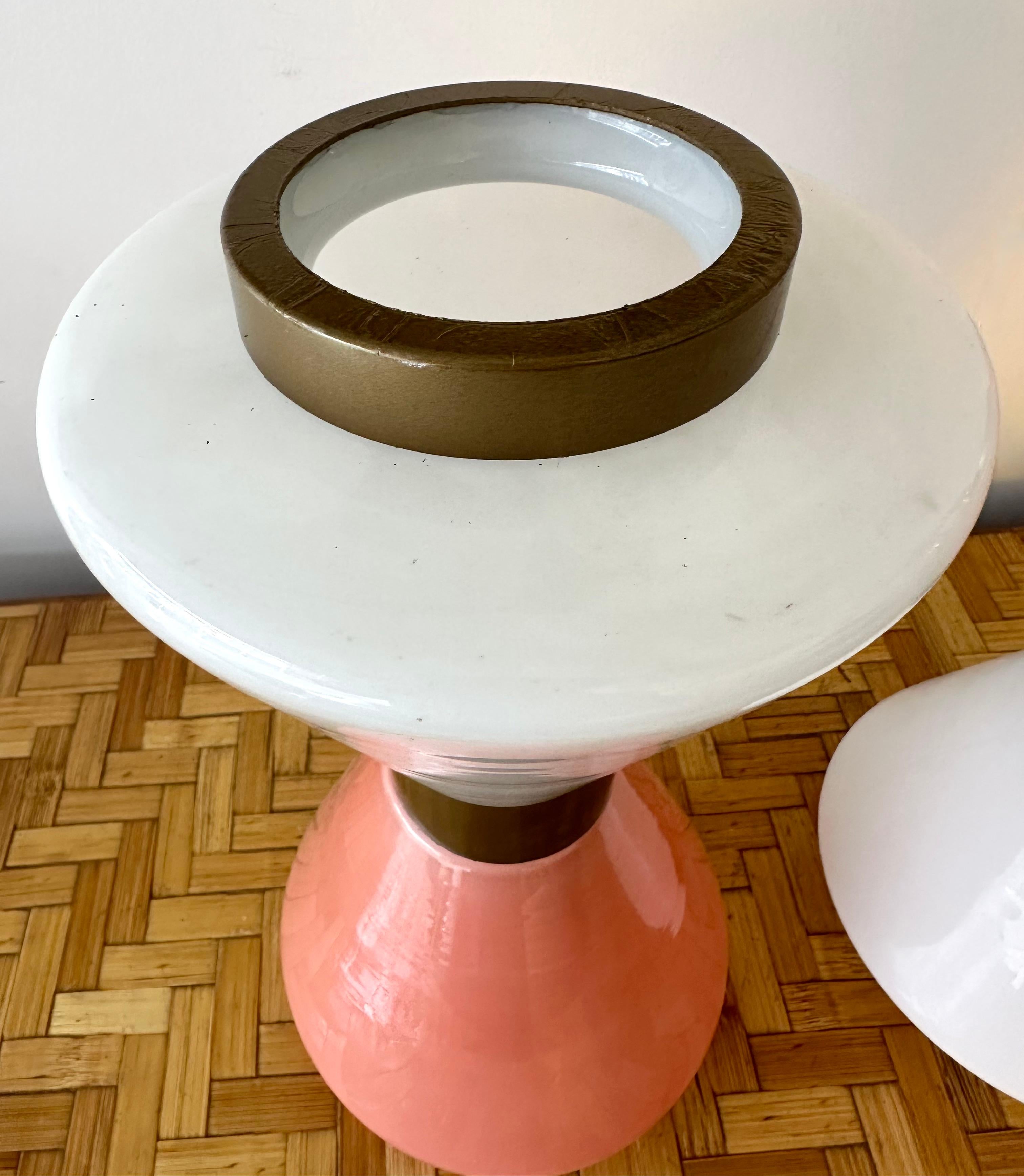 Pair of Diabolo Lamps Pink and White Murano Glass. Italy In Good Condition For Sale In SAINT-OUEN, FR