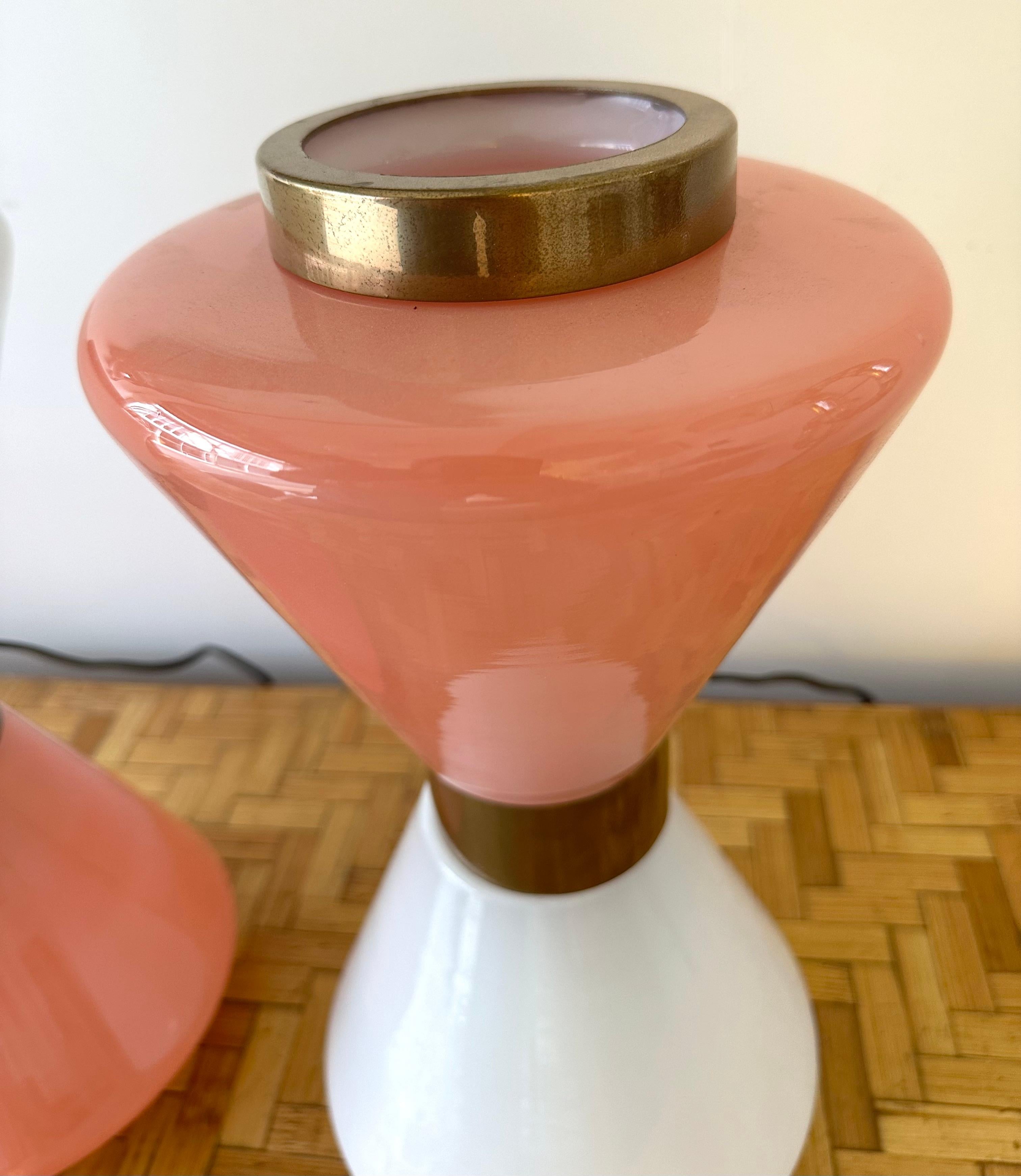 Contemporary Pair of Diabolo Lamps Pink and White Murano Glass. Italy For Sale