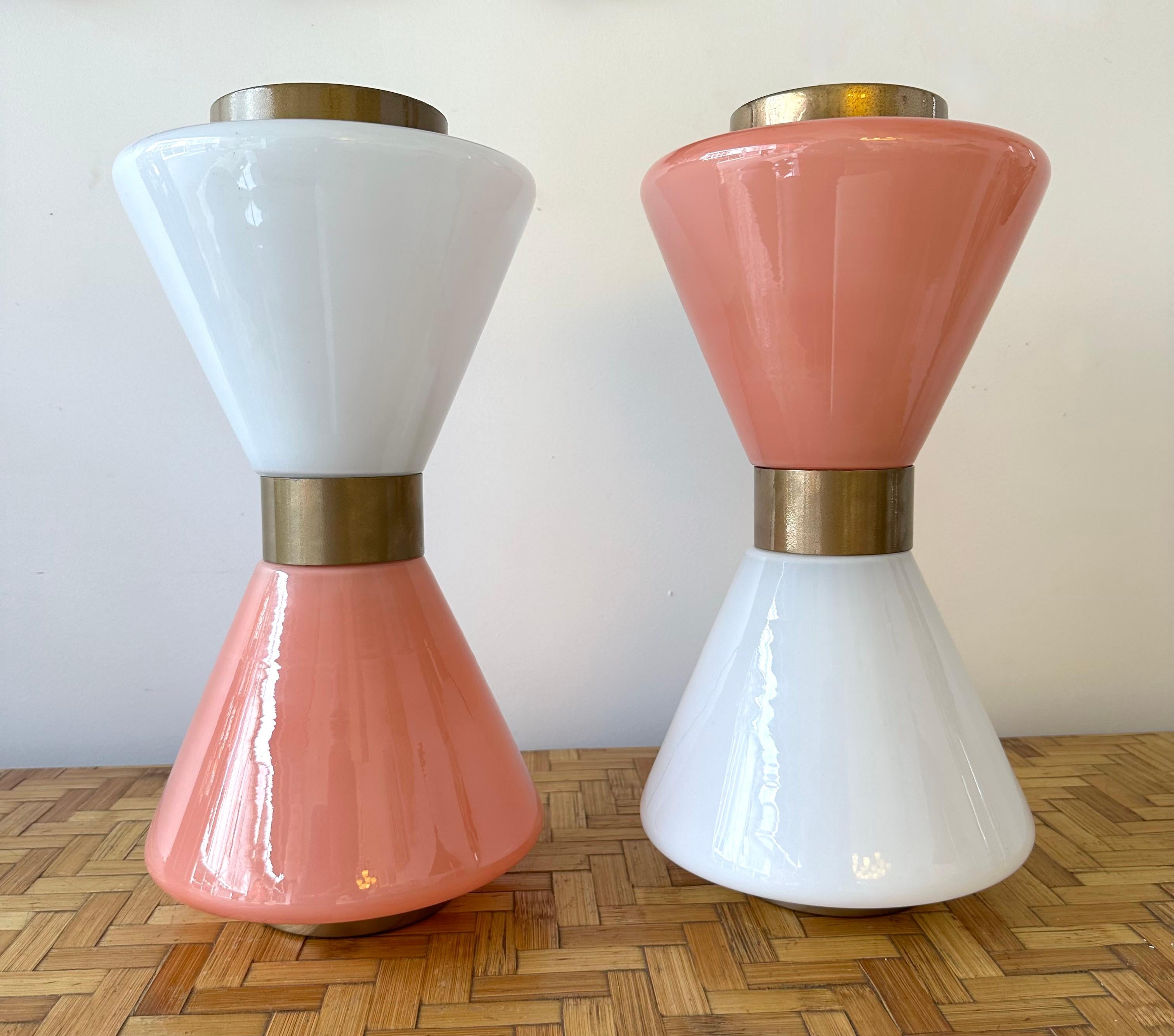Metal Pair of Diabolo Lamps Pink and White Murano Glass. Italy For Sale