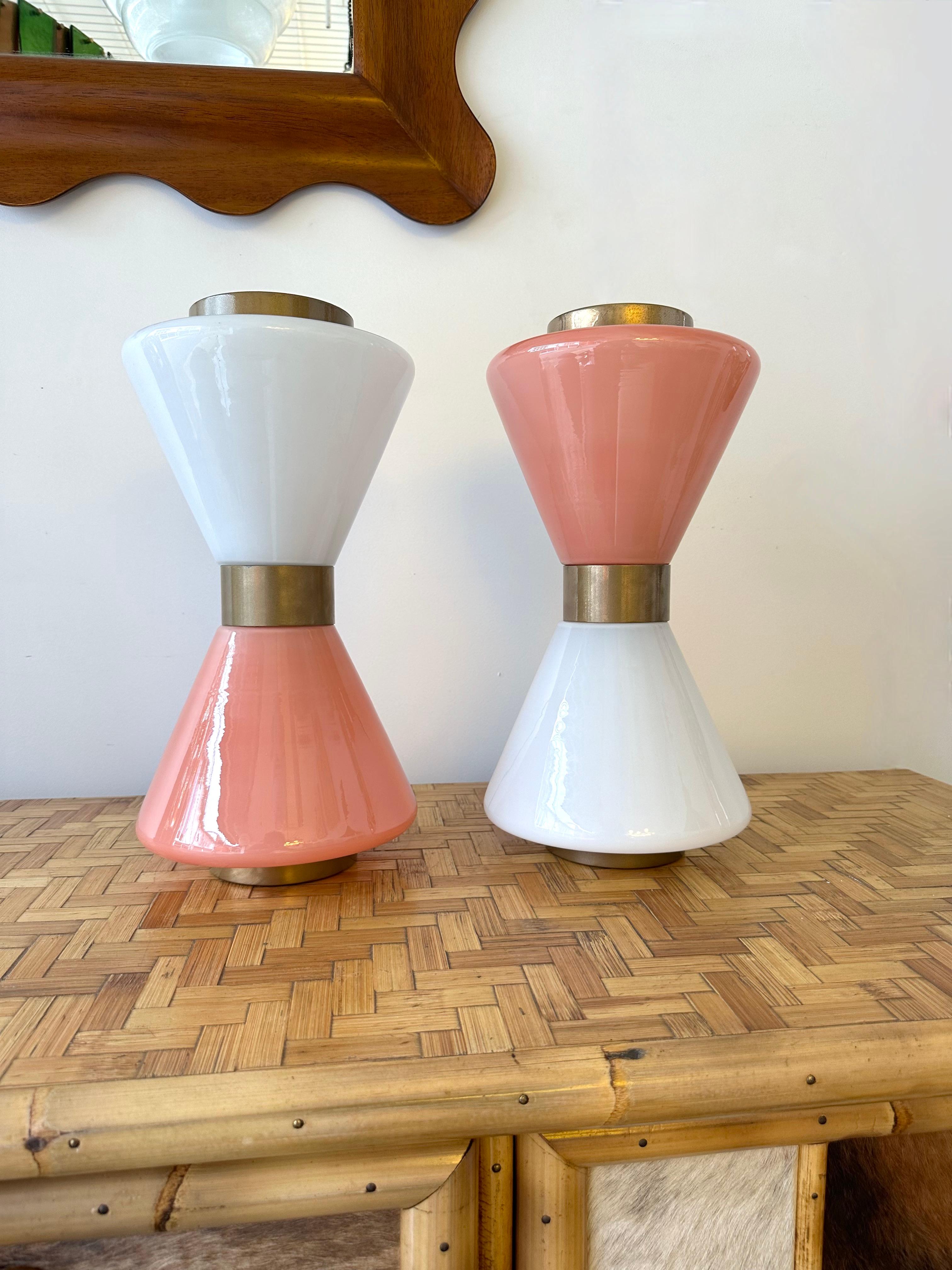 Pair of Diabolo Lamps Pink and White Murano Glass. Italy For Sale 1
