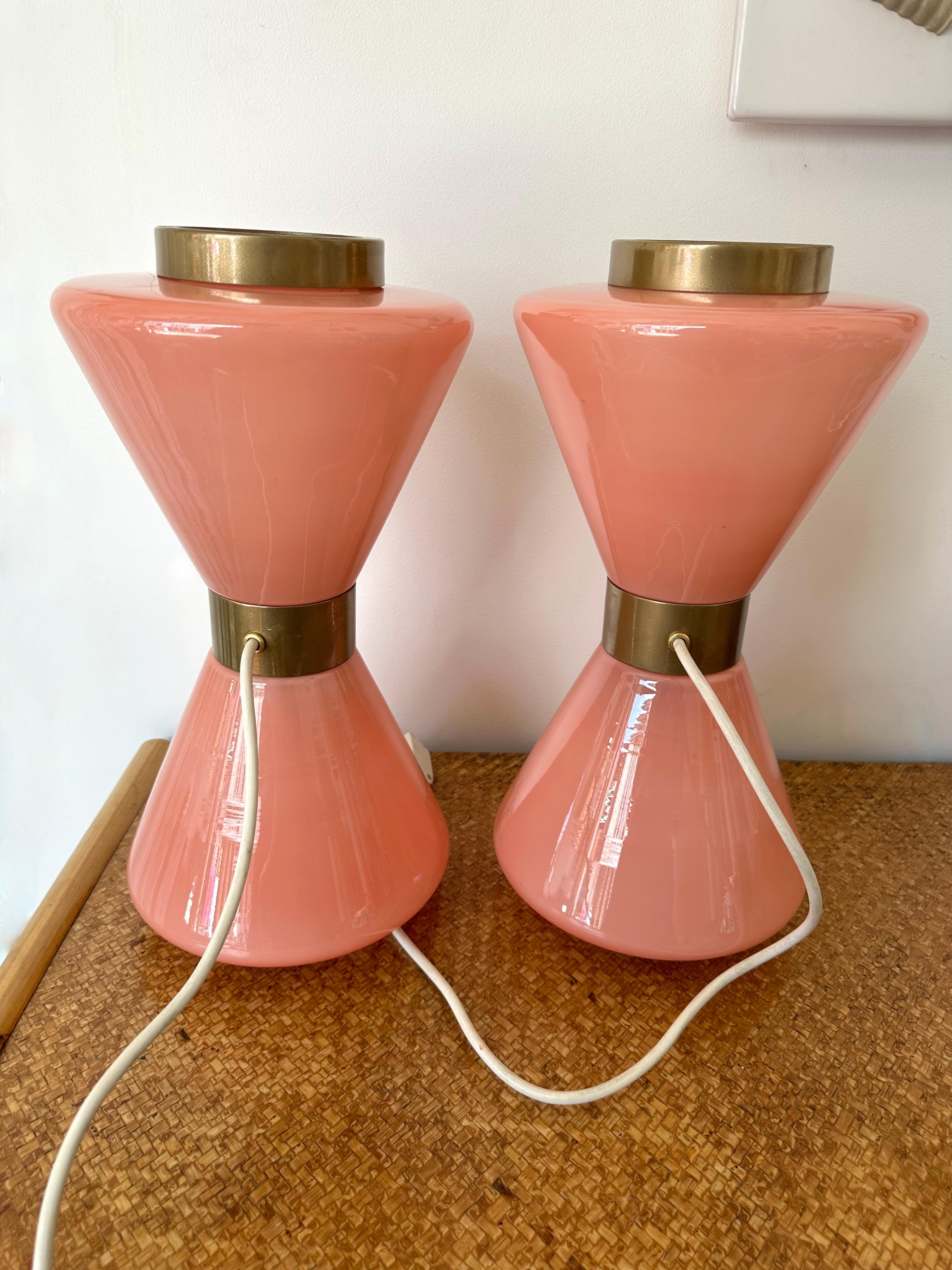 Pair of Diabolo Lamps Pink Murano Glass and Brass. Italy, 1970s 4