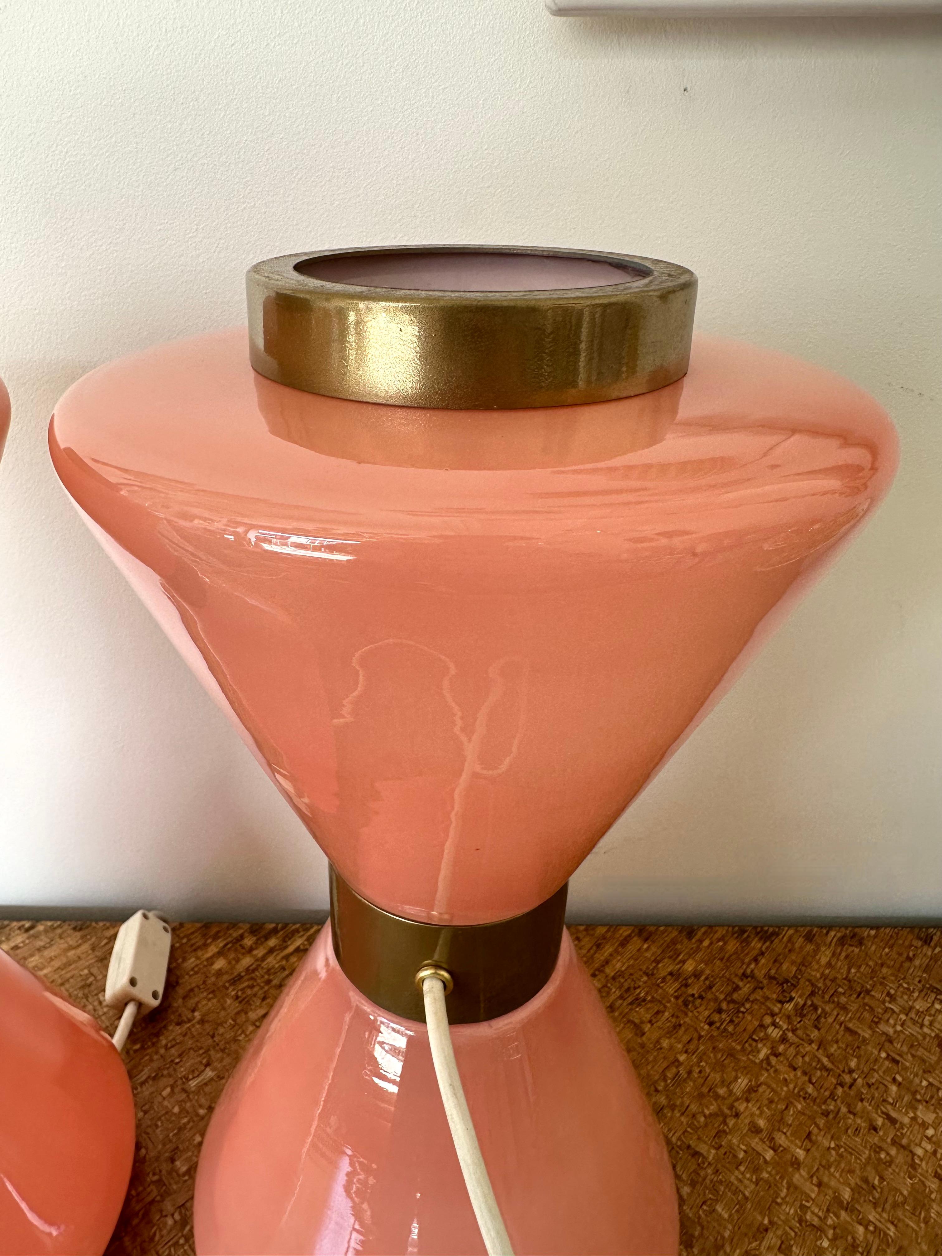 Pair of Diabolo Lamps Pink Murano Glass and Brass. Italy, 1970s 6