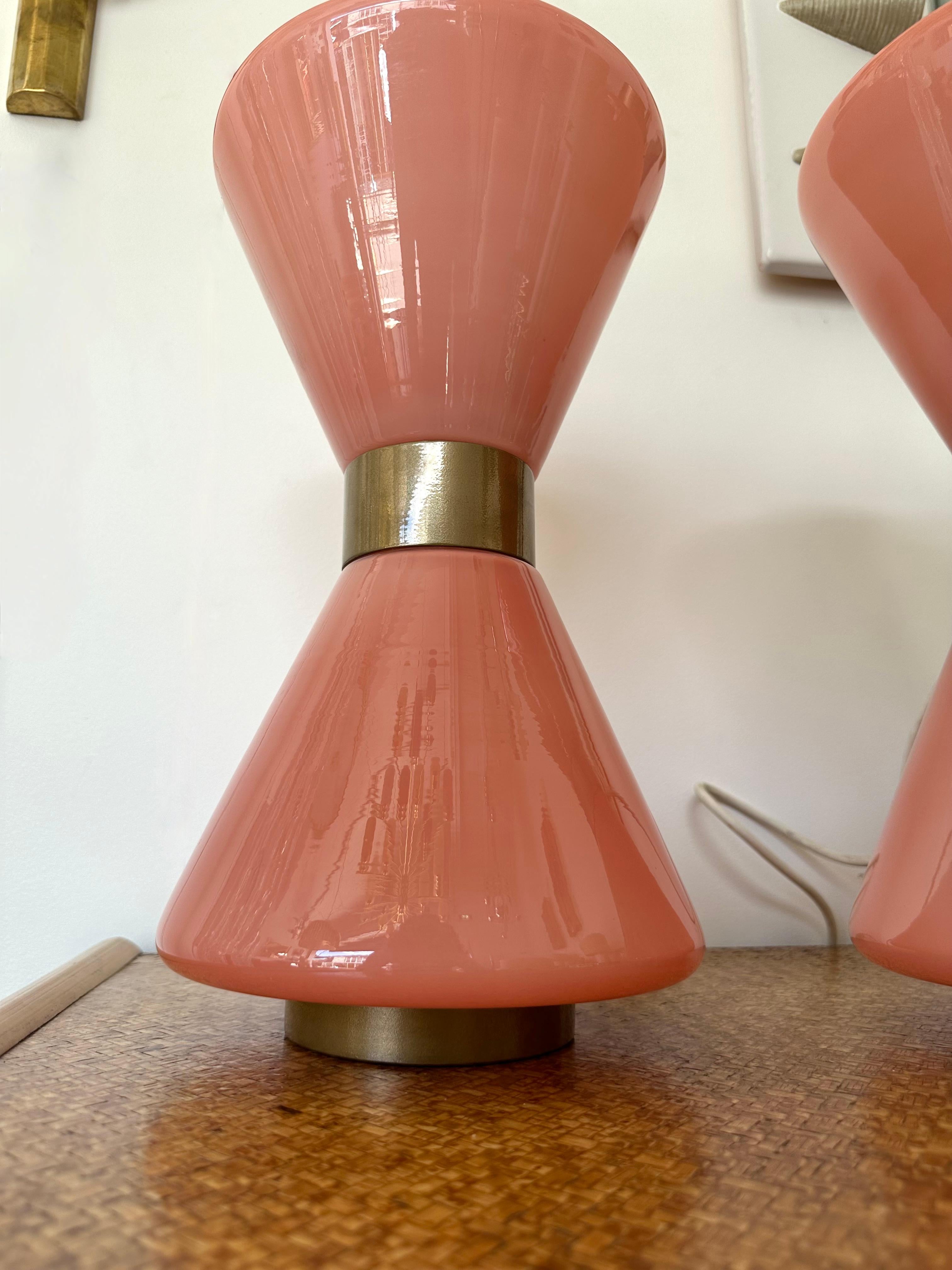 Late 20th Century Pair of Diabolo Lamps Pink Murano Glass and Brass. Italy, 1970s