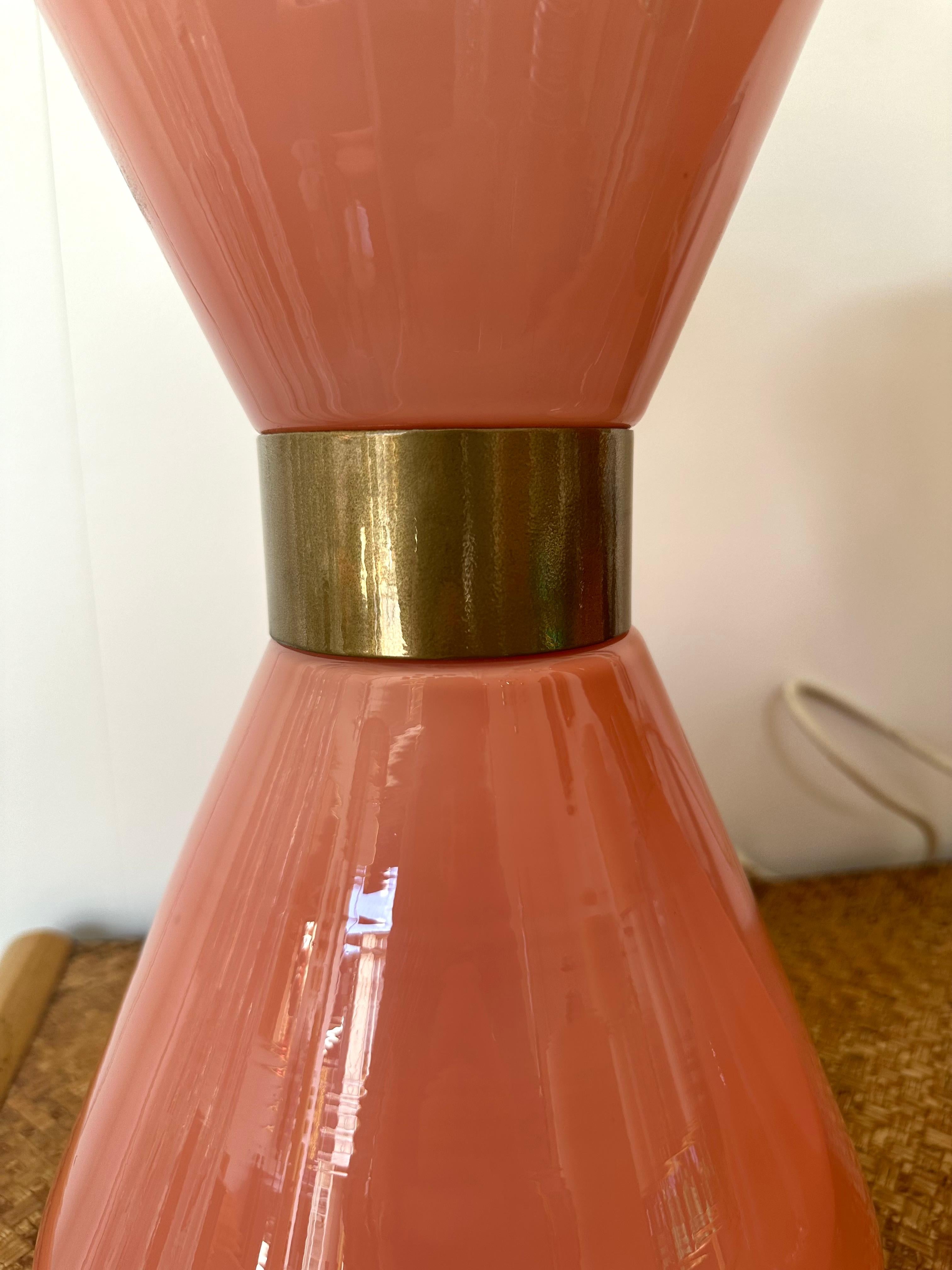 Pair of Diabolo Lamps Pink Murano Glass and Brass. Italy, 1970s 1
