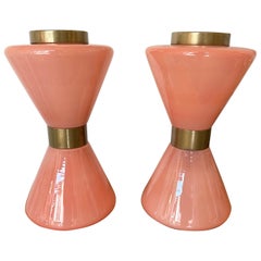 Pair of Diabolo Lamps Pink Murano Glass and Brass. Italy, 1970s