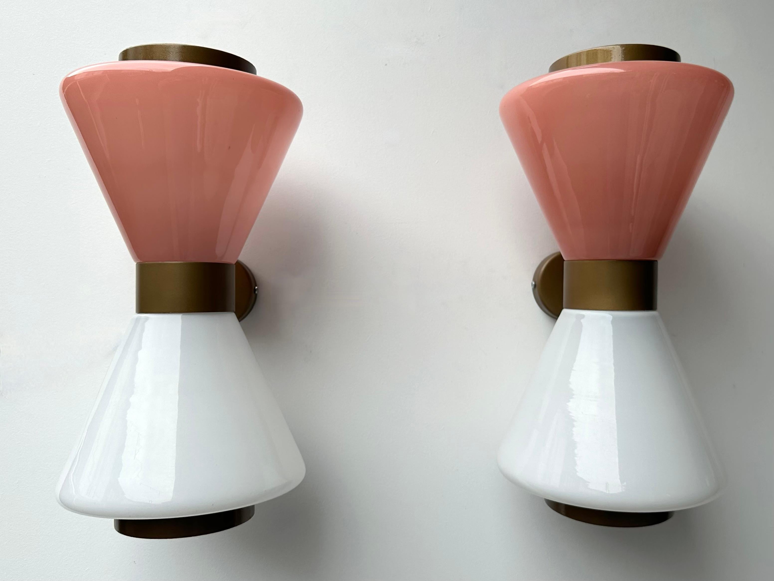 Pair of Diabolo Sconces Pink and White Murano Glass. Italy For Sale 2