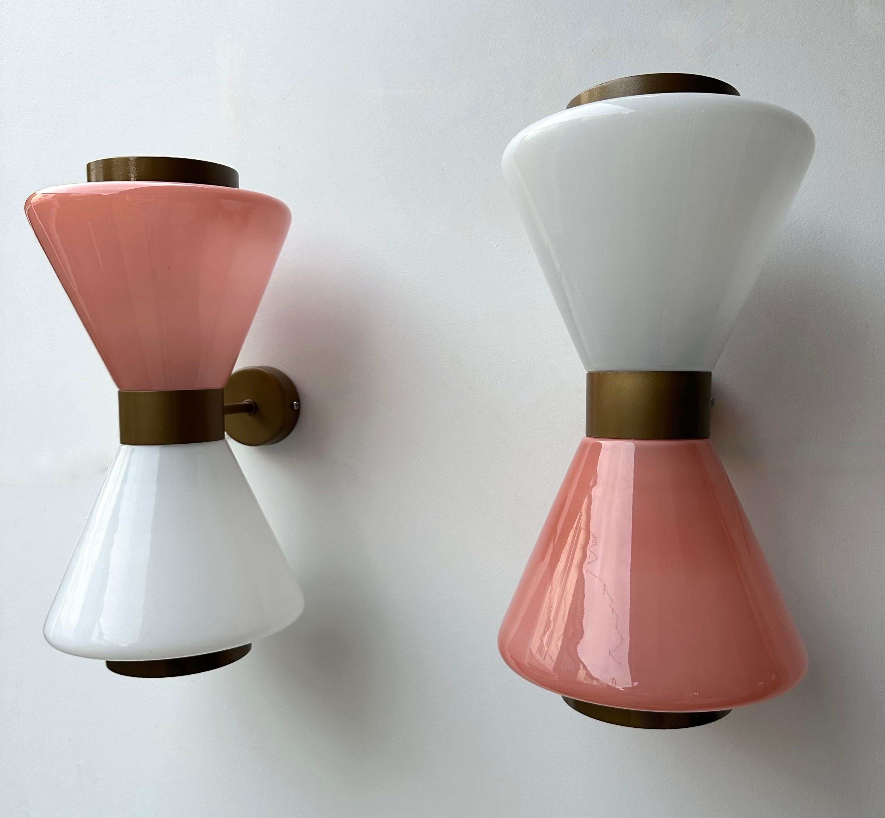 Pair of Diabolo Sconces Pink and White Murano Glass. Italy For Sale 3