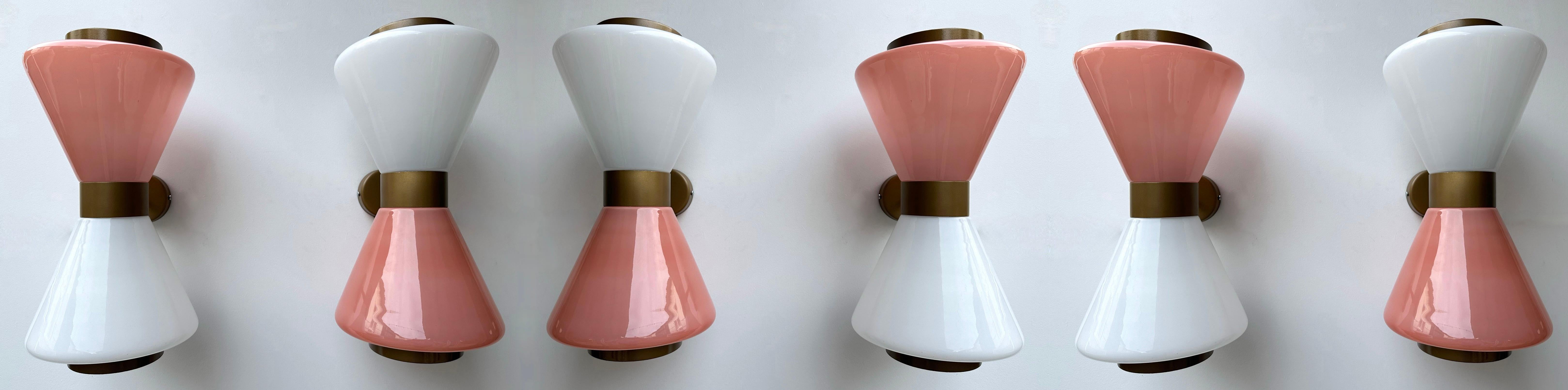 Pair of Diabolo Sconces Pink and White Murano Glass. Italy For Sale 7