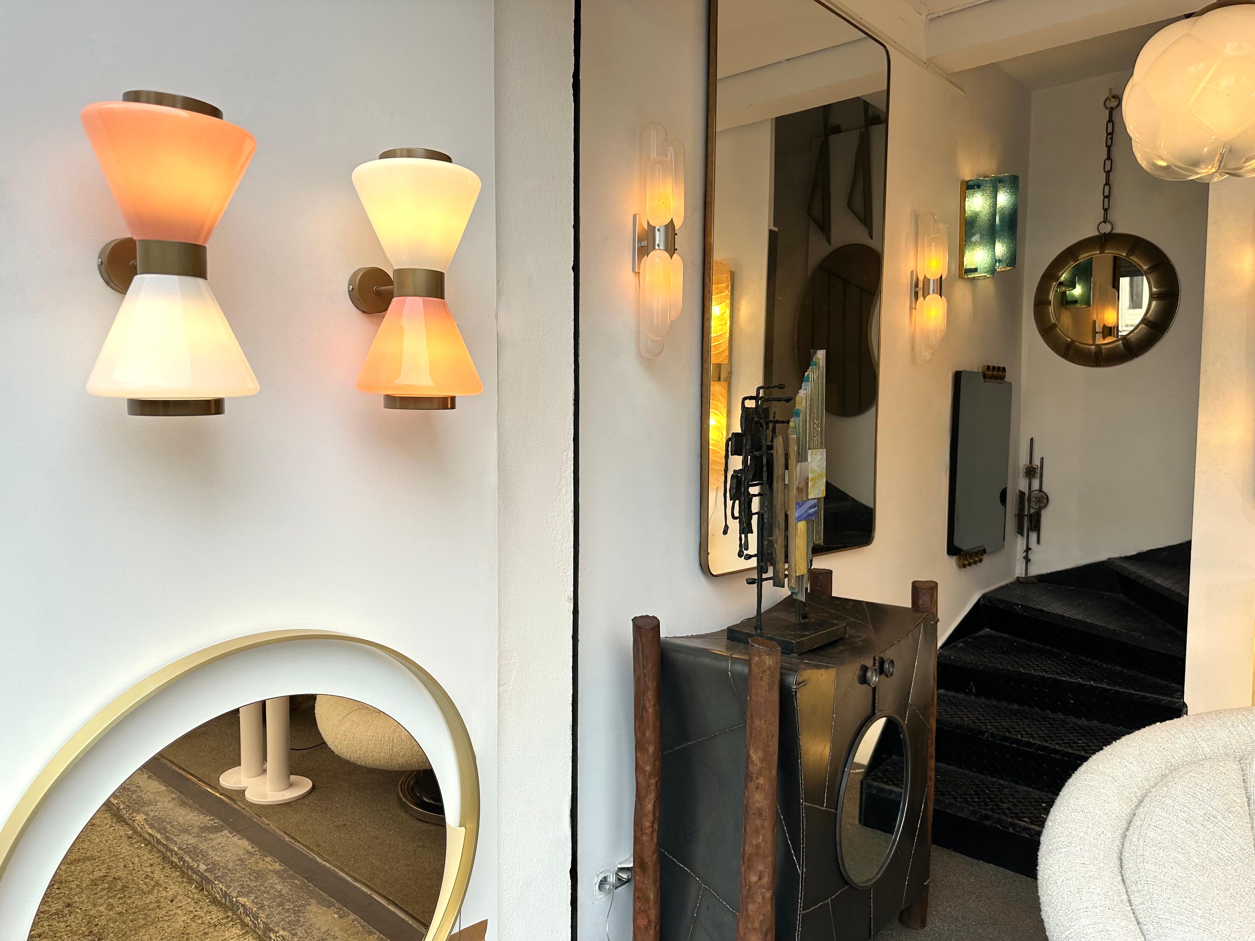 Metal Pair of Diabolo Sconces Pink and White Murano Glass. Italy For Sale