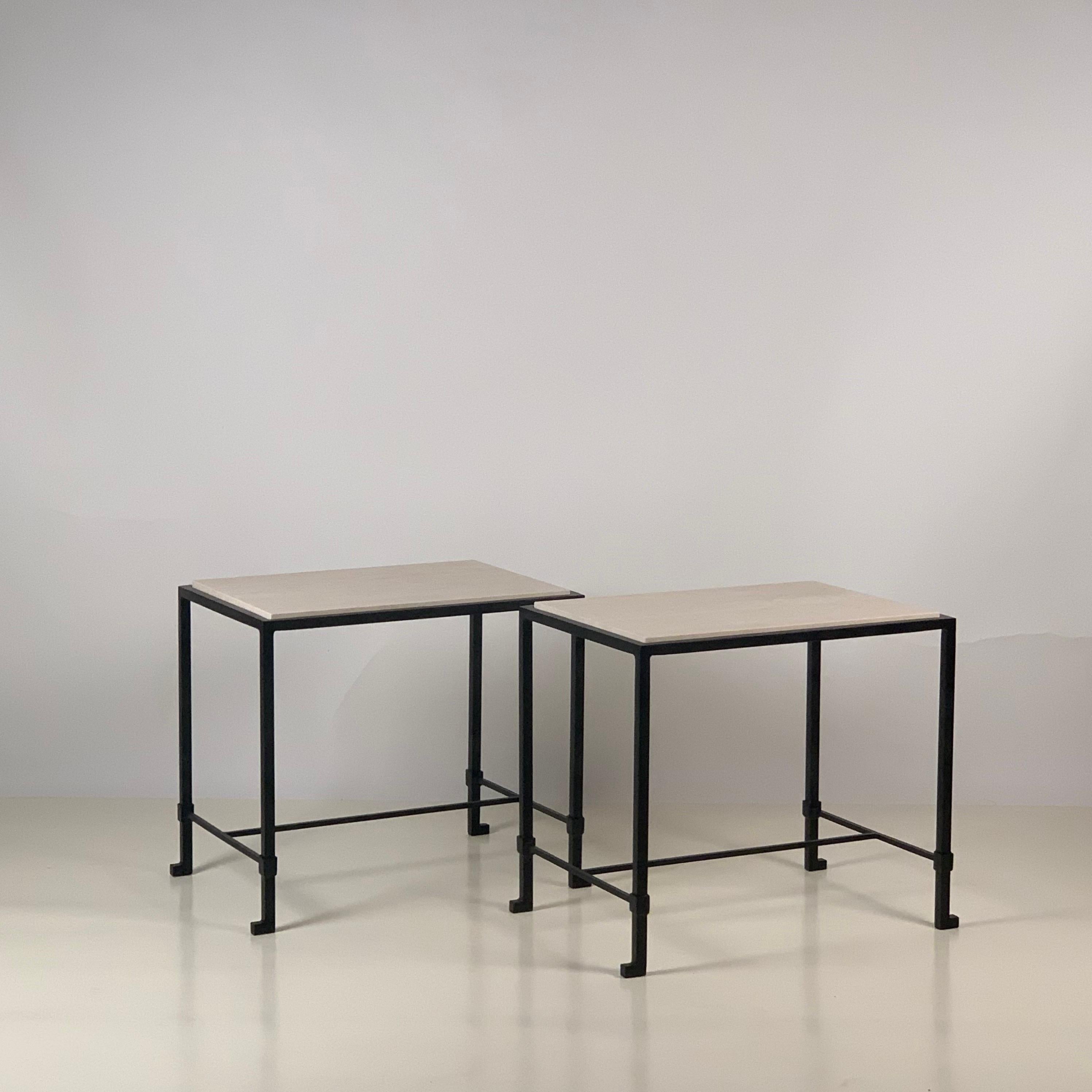 Art Deco Pair of 'Diagramme' Blackened Iron and Travertine End Tables by Design Frères For Sale