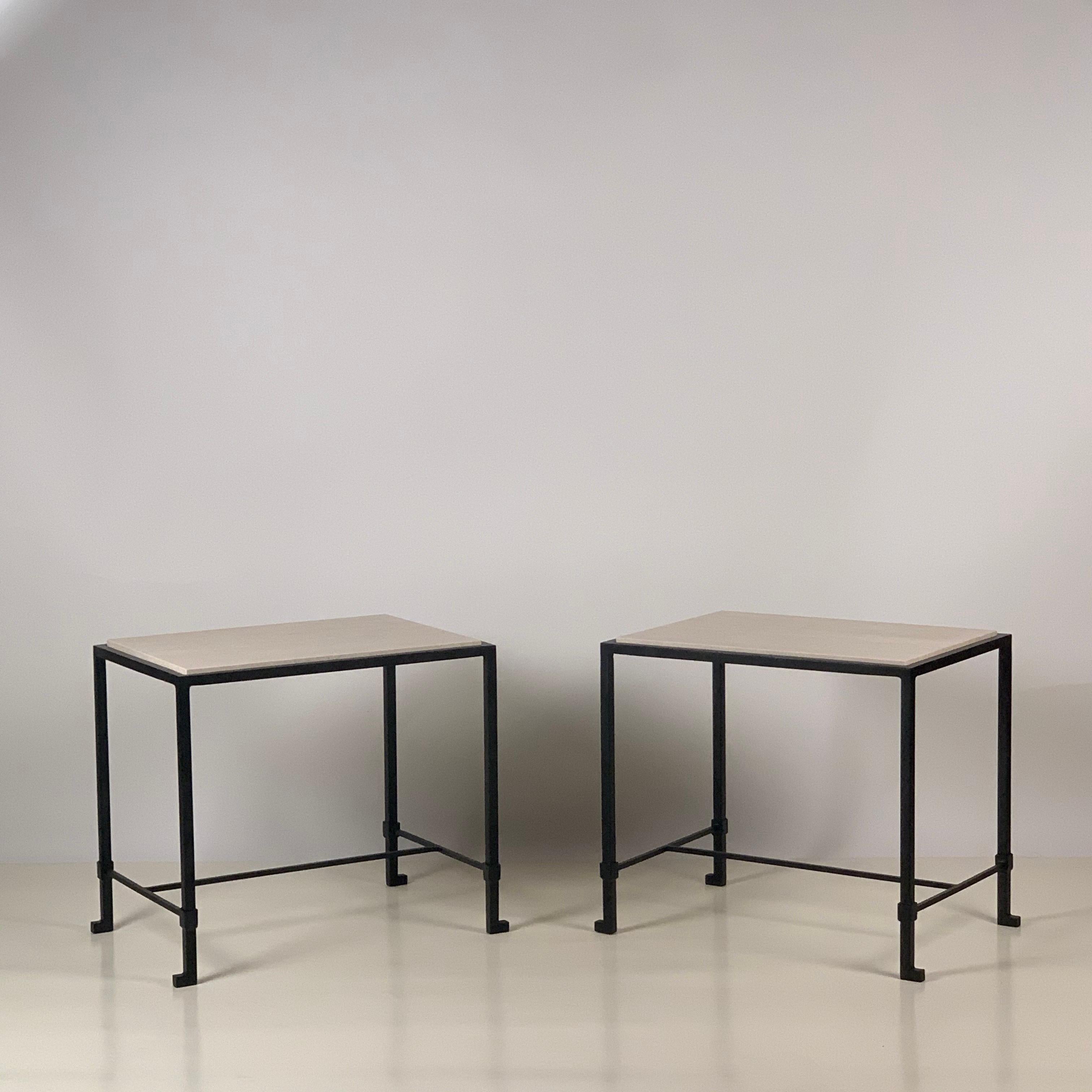 French Pair of 'Diagramme' Blackened Iron and Travertine End Tables by Design Frères For Sale