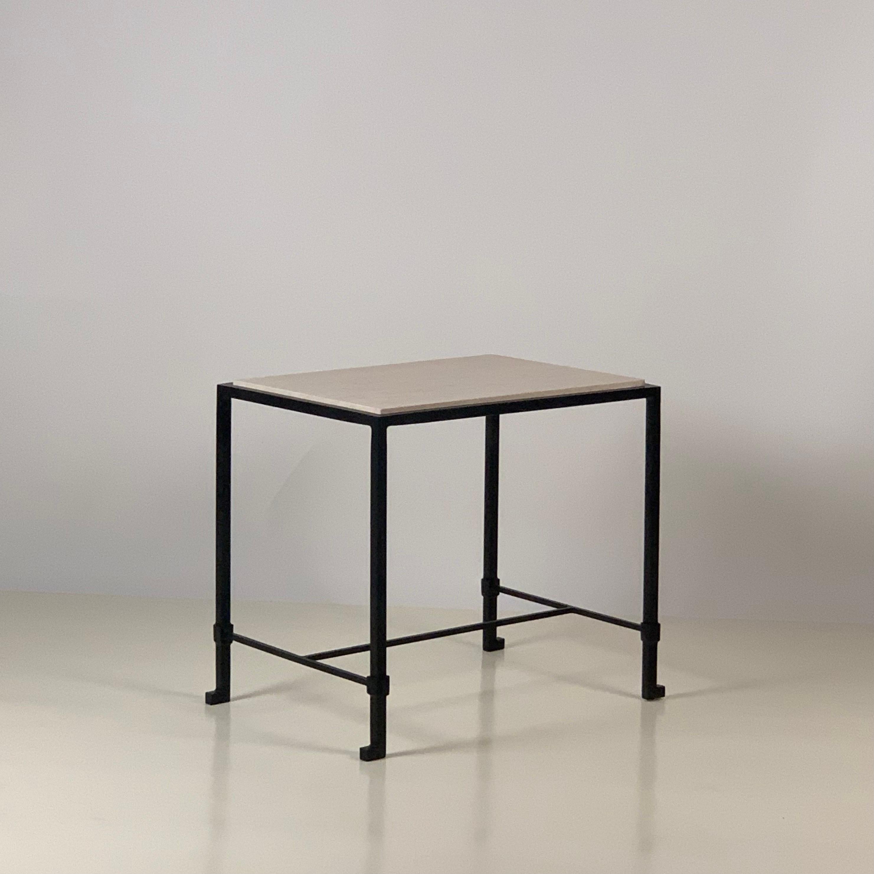 Contemporary Pair of 'Diagramme' Blackened Iron and Travertine End Tables by Design Frères For Sale