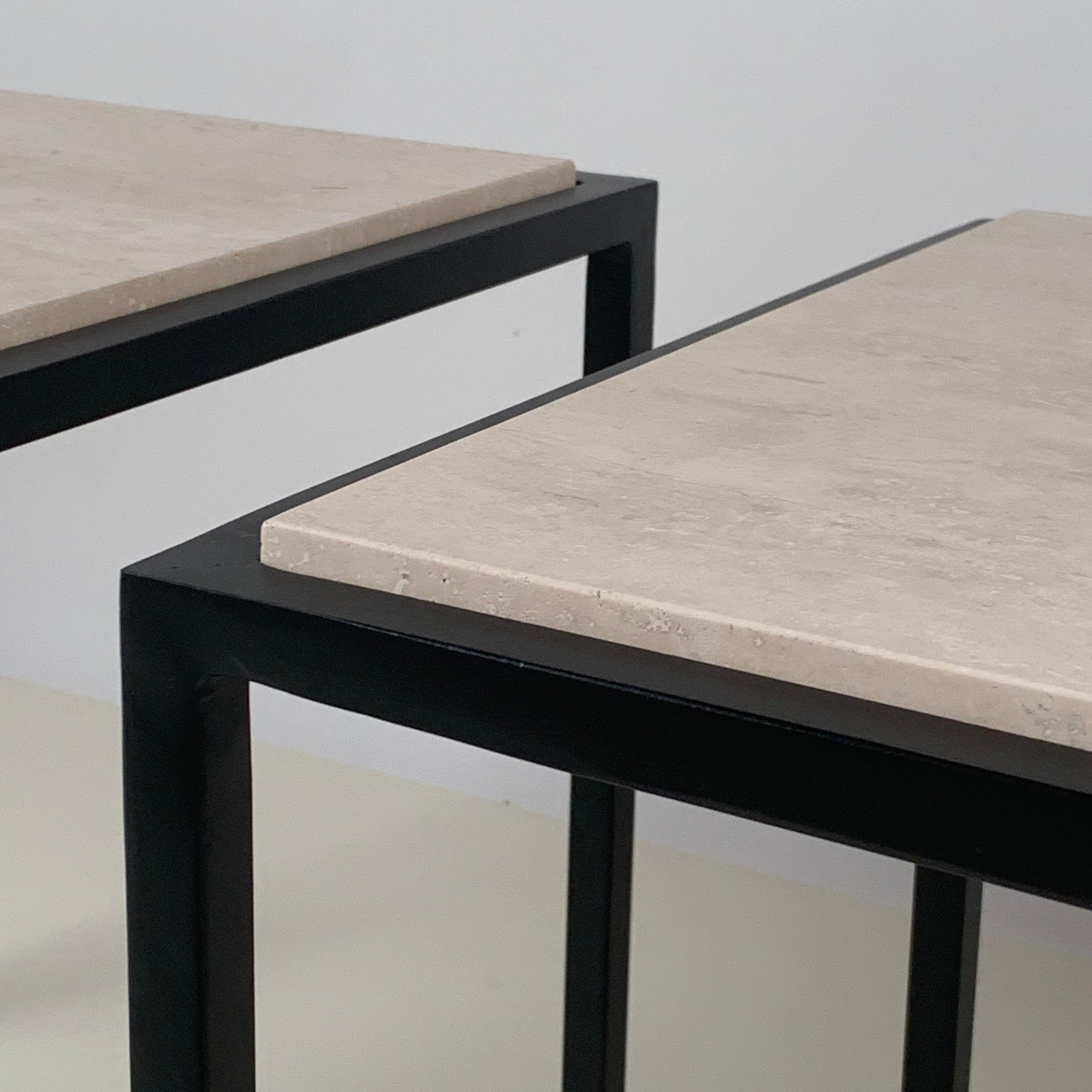Steel Pair of 'Diagramme' Blackened Iron and Travertine End Tables by Design Frères For Sale