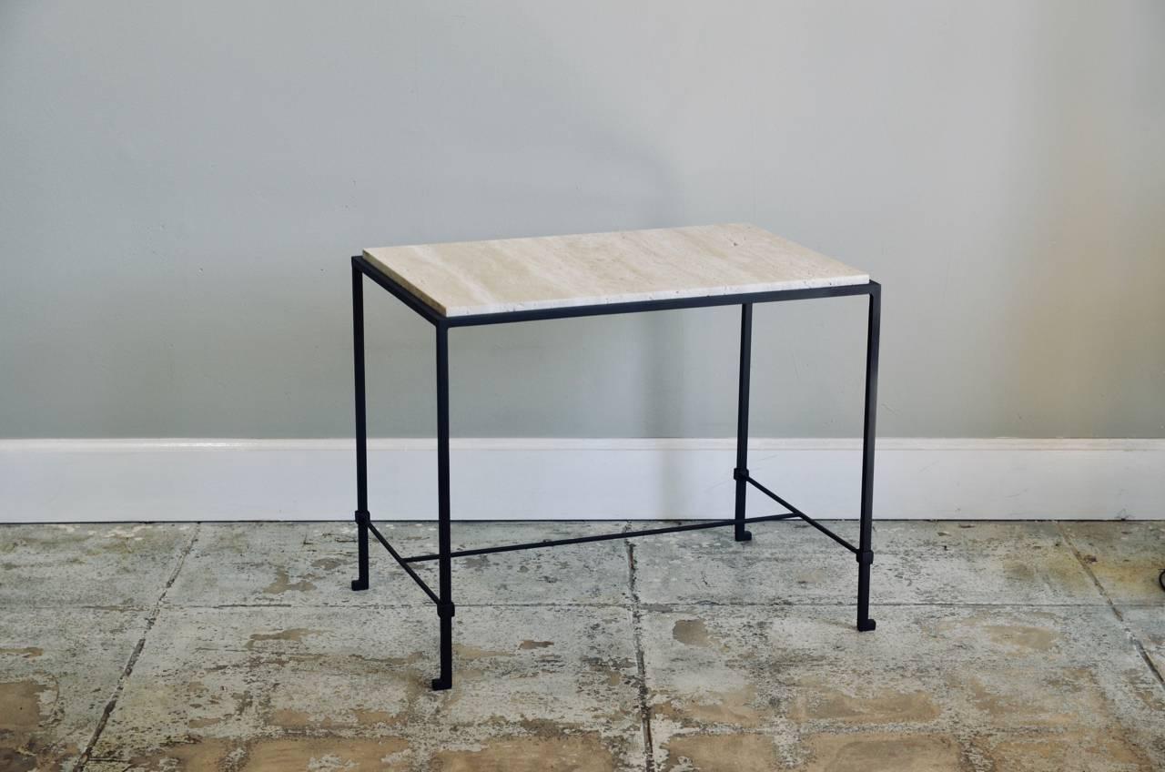 Pair of 'Diagramme' Wrought Iron and Travertine Side Tables by Design Frères For Sale 3