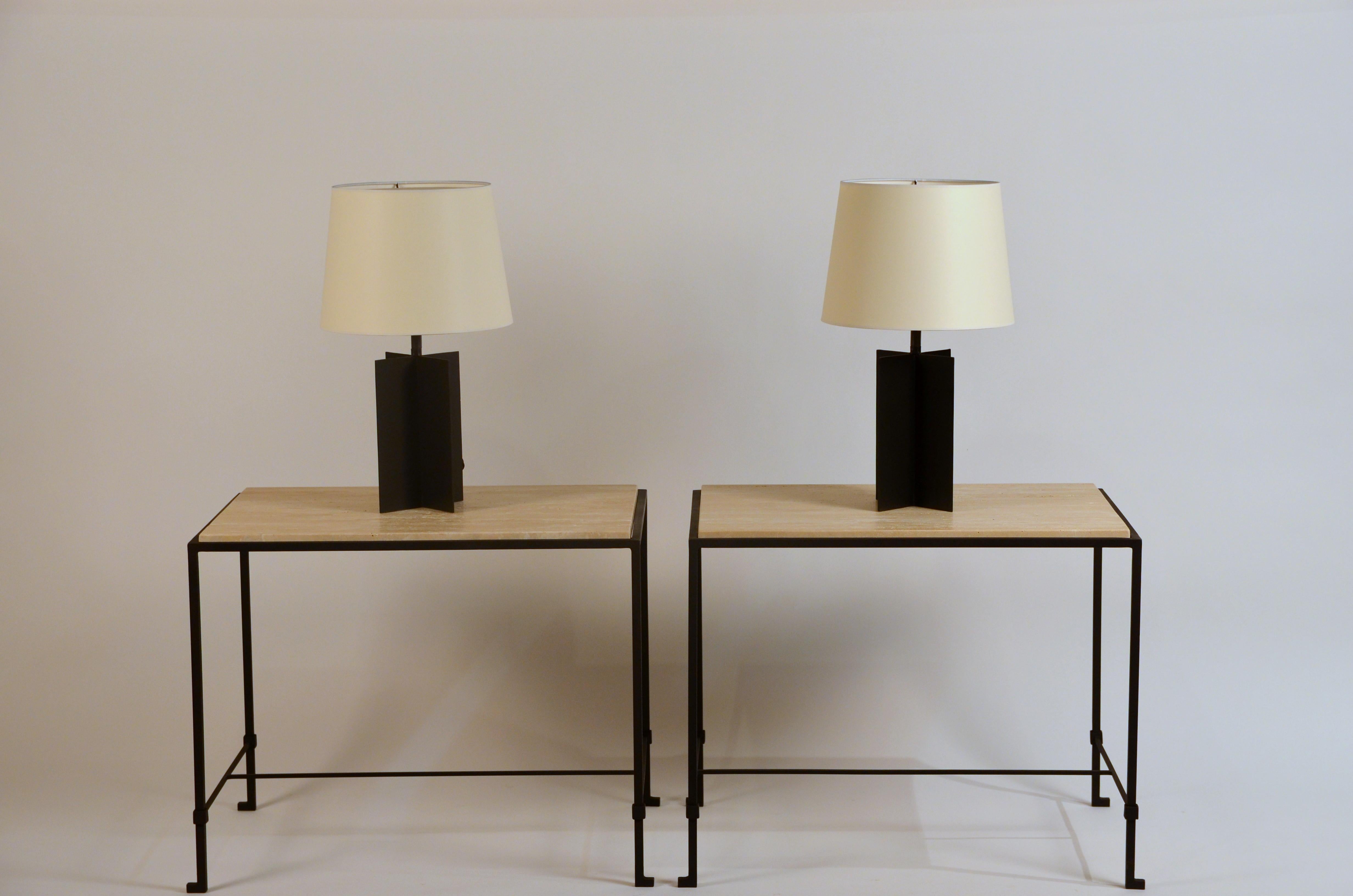 Pair of 'Diagramme' Wrought Iron and Travertine Side Tables by Design Frères For Sale 3
