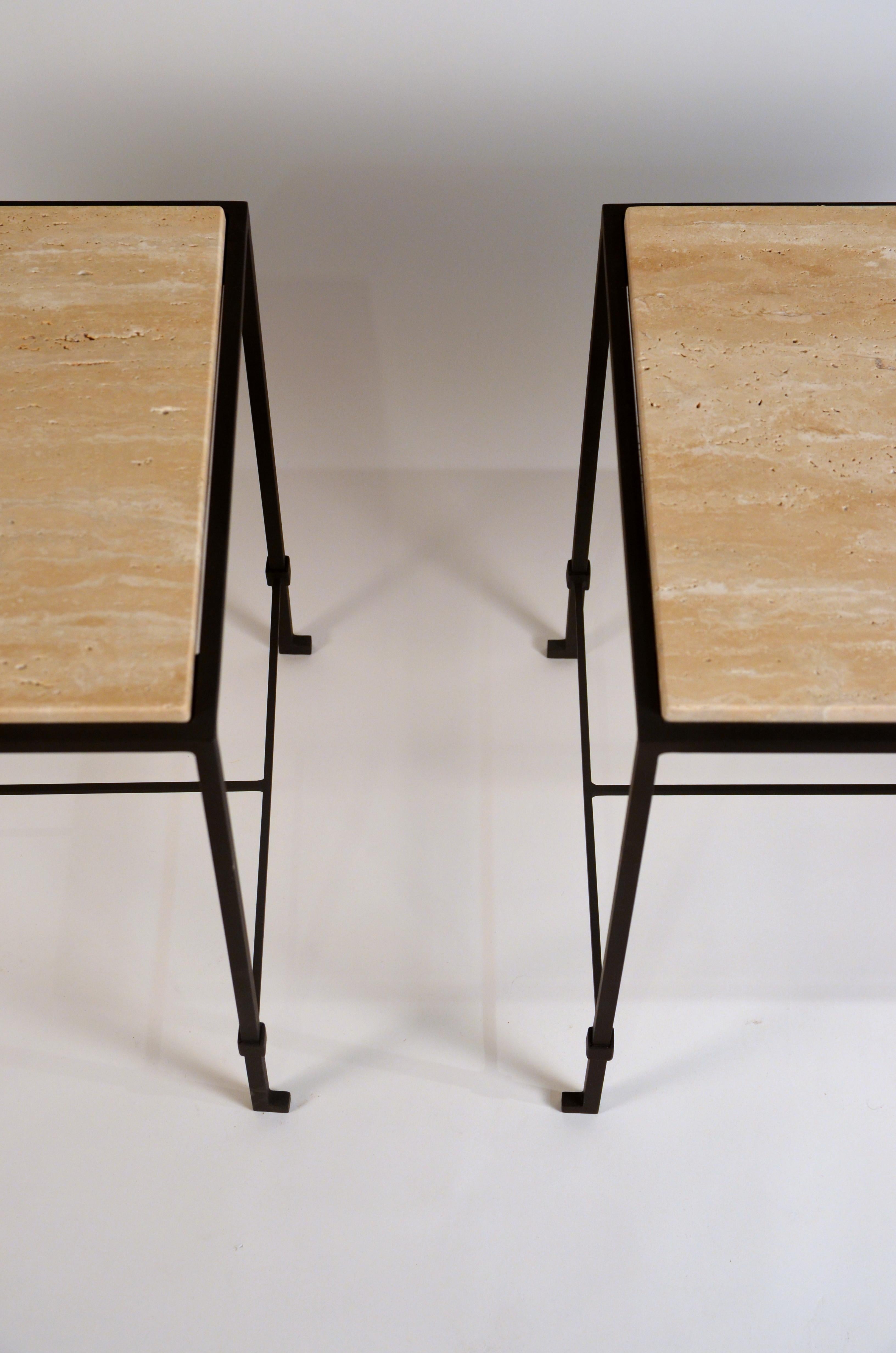 French Pair of 'Diagramme' Wrought Iron and Travertine Side Tables by Design Frères For Sale