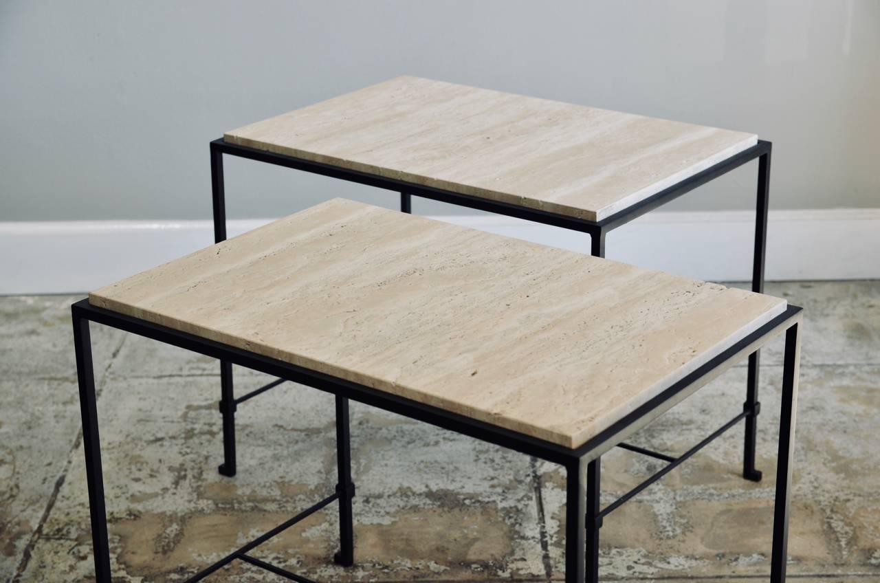 Pair of 'Diagramme' Wrought Iron and Travertine Side Tables by Design Frères In Excellent Condition For Sale In Los Angeles, CA