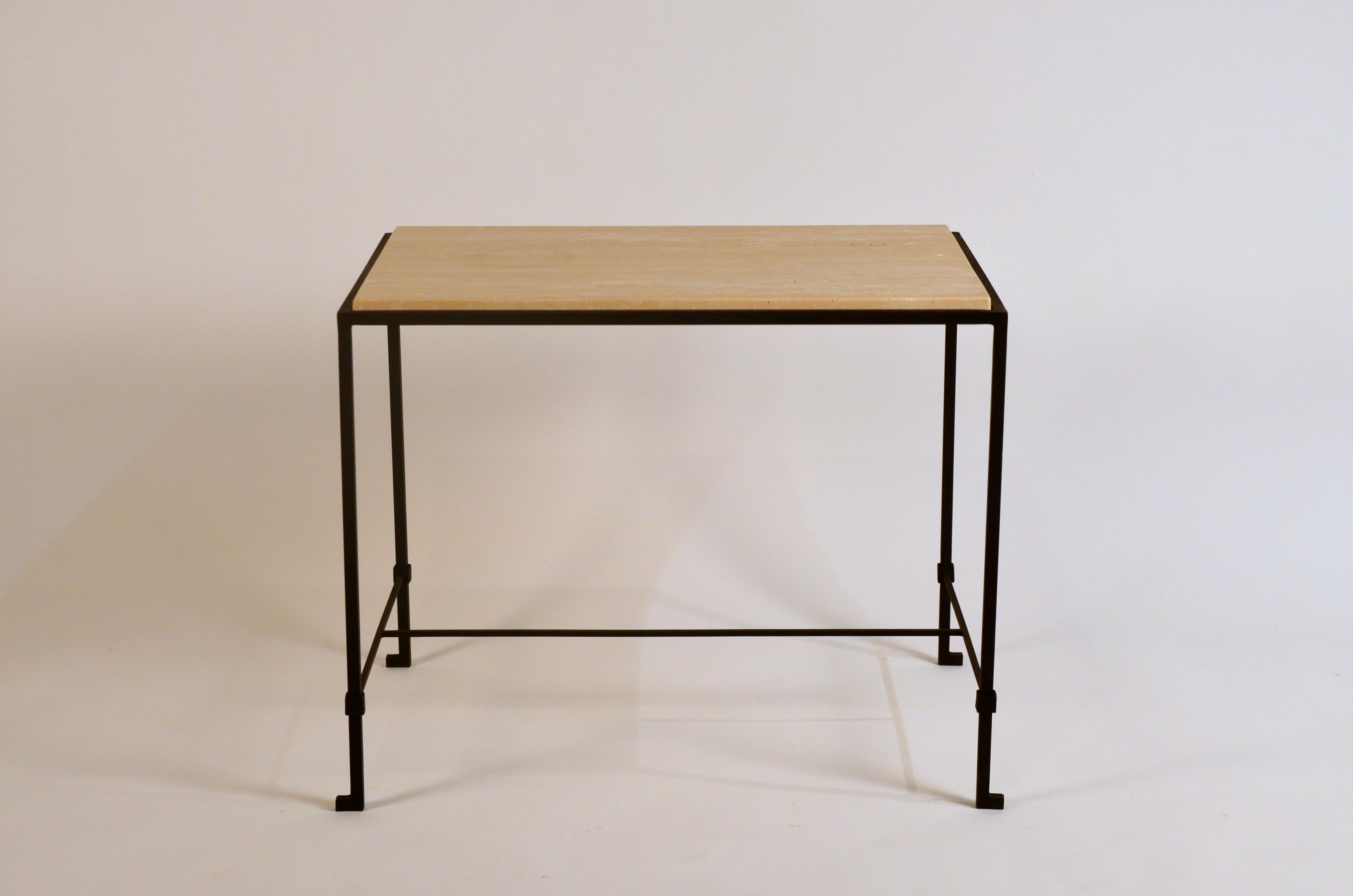 Contemporary Pair of 'Diagramme' Wrought Iron and Travertine Side Tables by Design Frères For Sale