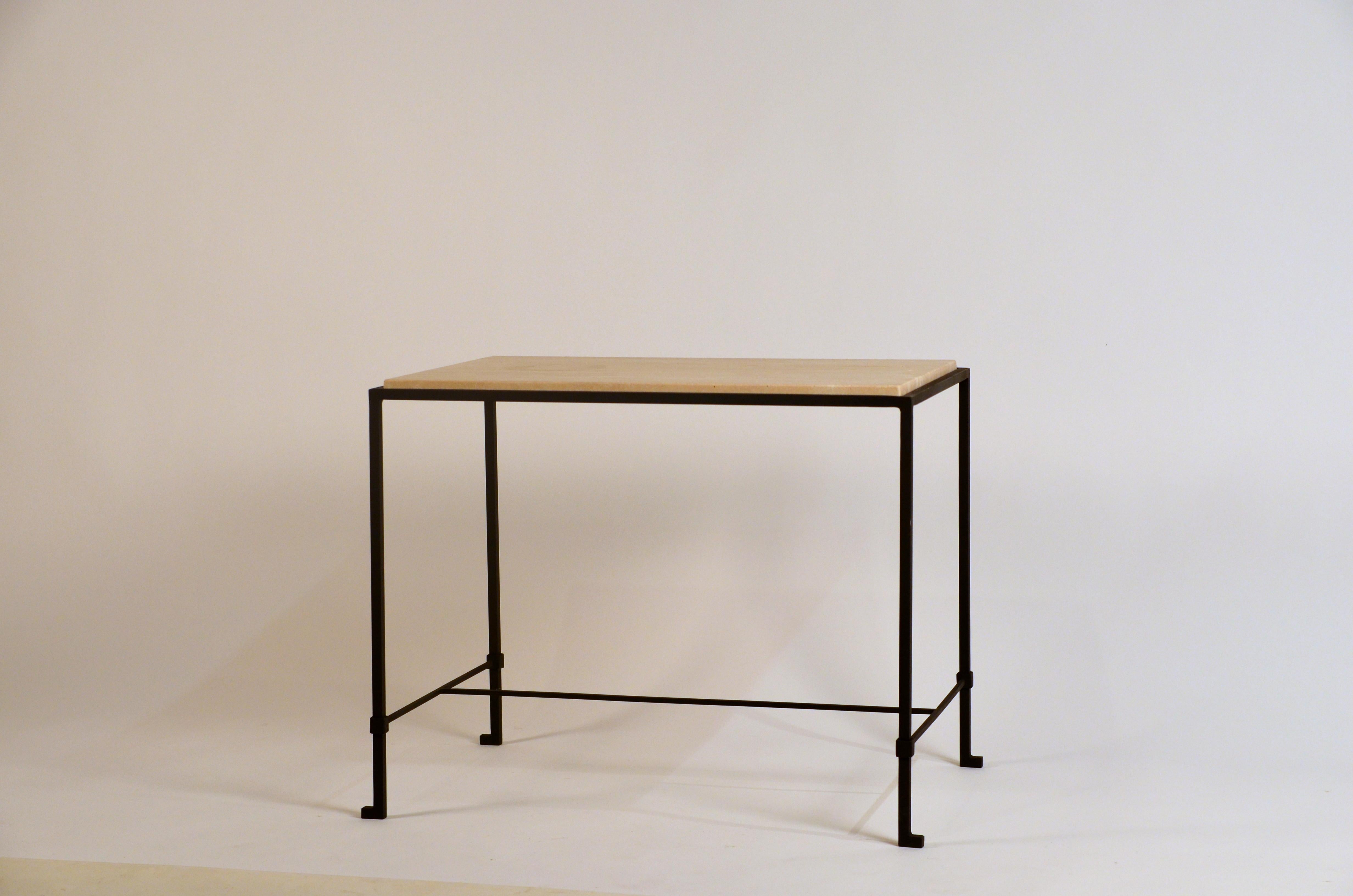 Pair of 'Diagramme' Wrought Iron and Travertine Side Tables by Design Frères For Sale 1