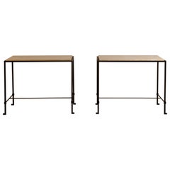 Pair of 'Diagramme' Wrought Iron and Travertine Side Tables by Design Frères
