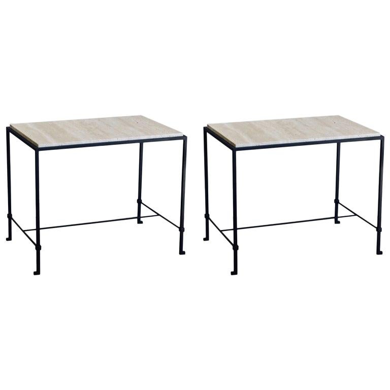 Pair of 'Diagramme' Wrought Iron and Travertine Side Tables by Design Frères