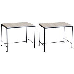 Pair of 'Diagramme' Wrought Iron and Travertine Side Tables by Design Frères