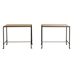 Pair of 'Diagramme' Wrought Iron and Travertine Side Tables by Design Frères